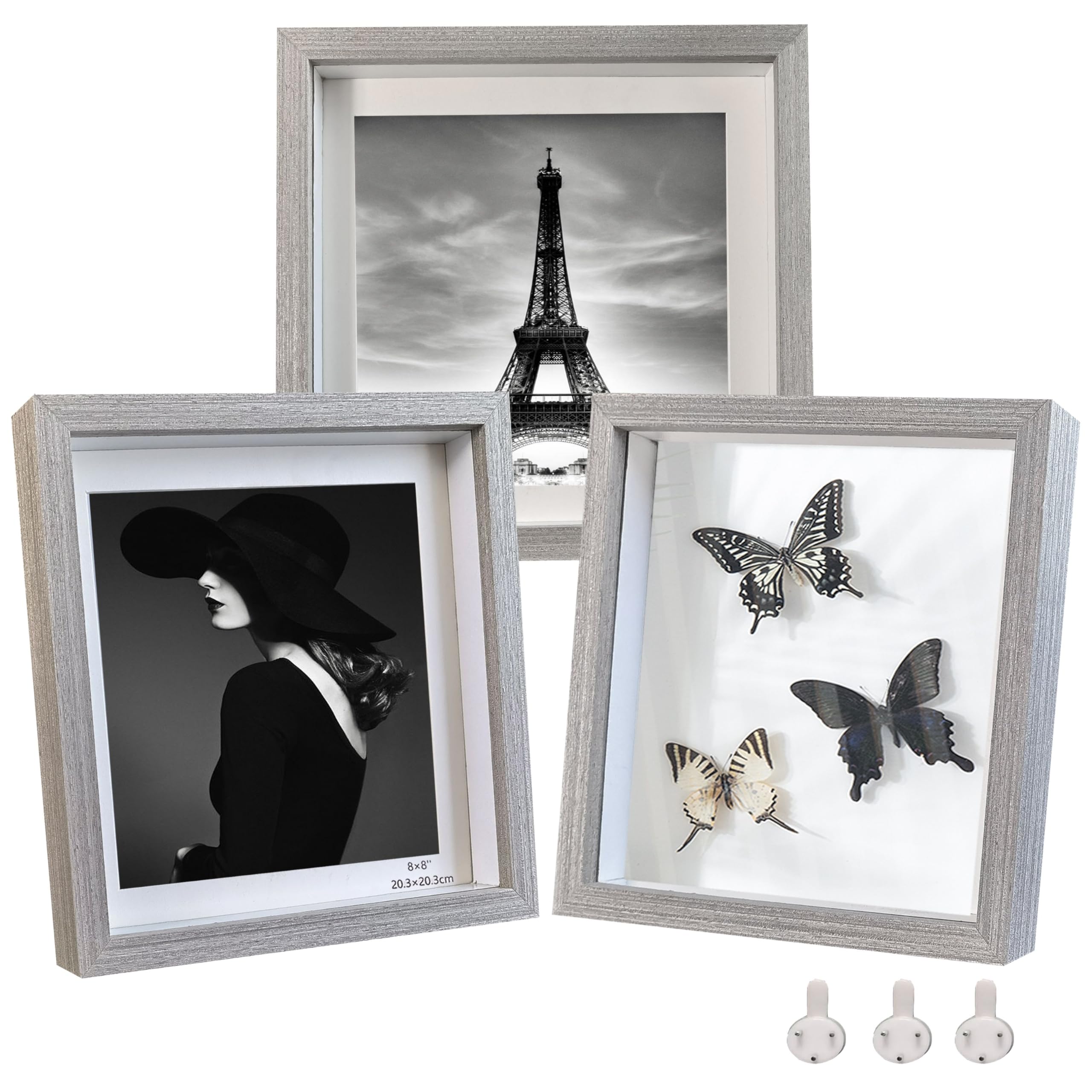 Cadre photo gris 20x20 cm lot de 3 bois véritable verre pour salon et chambre