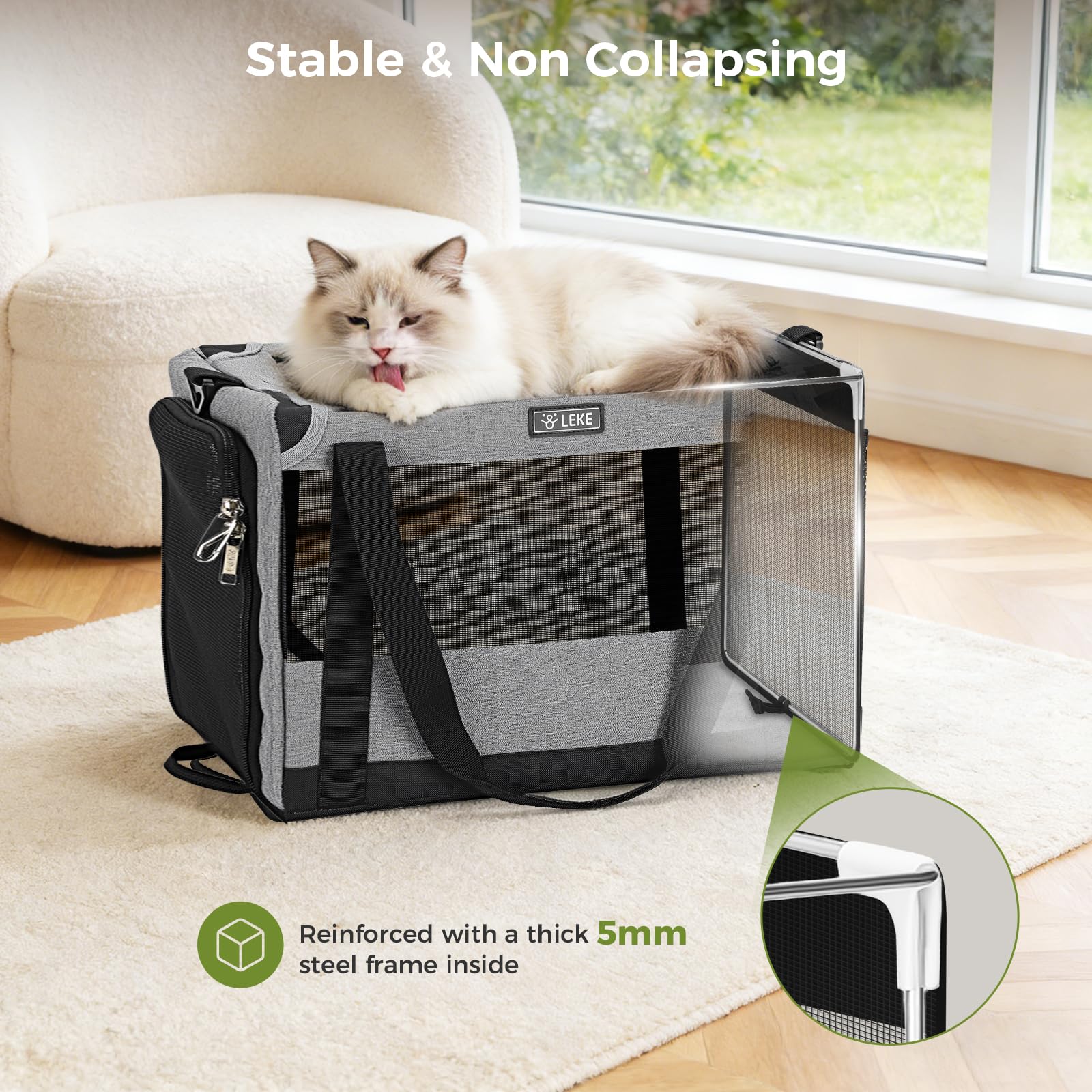 Lekesky Sac Transport Chat, Sac Voyage Chat avec Maille sur 4 Côtés, Approuvé Compagnie Aérienne, Caisse Transport Chats Pliable Stable pour Adapté aux Chats et Chiots Pesant Jusqu'à 7 Kg, Gris L
