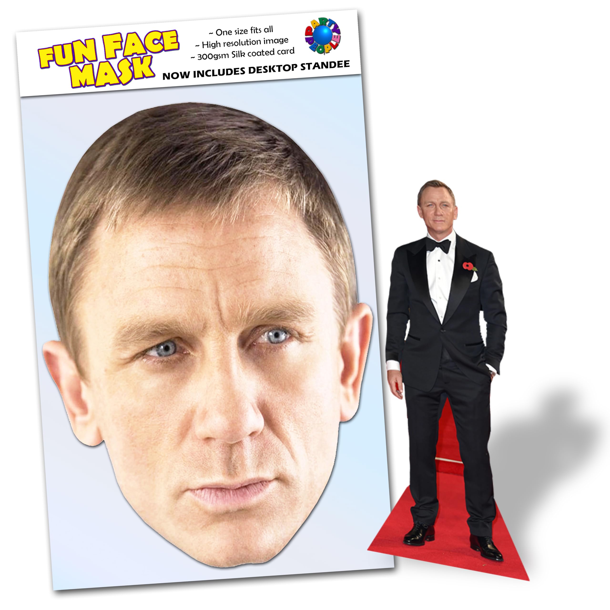 Party People 1 x Daniel Craig - Ready To Wear Celebrity Face Mask Includes Freestanding 20cm Desktop Standee Card Cutout - Standee Daniel C