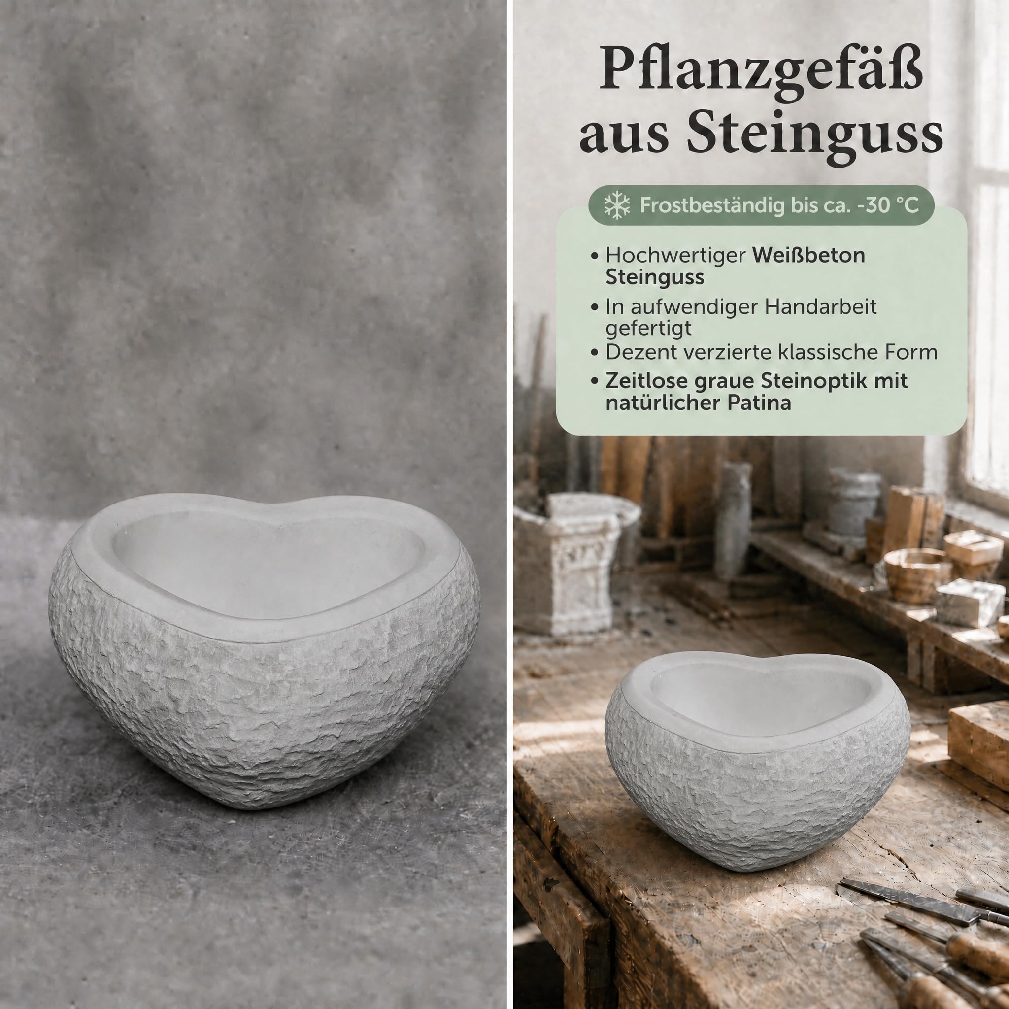 gartendekoparadies.de Vaso per Piante Solido Vaso per Fiori a Forma di Cuore, Altezza 13 cm, 30 x 30 cm, 3,5 Litri, Grigio, Peso 11 kg, in Pietra colata, Resistente al Gelo
