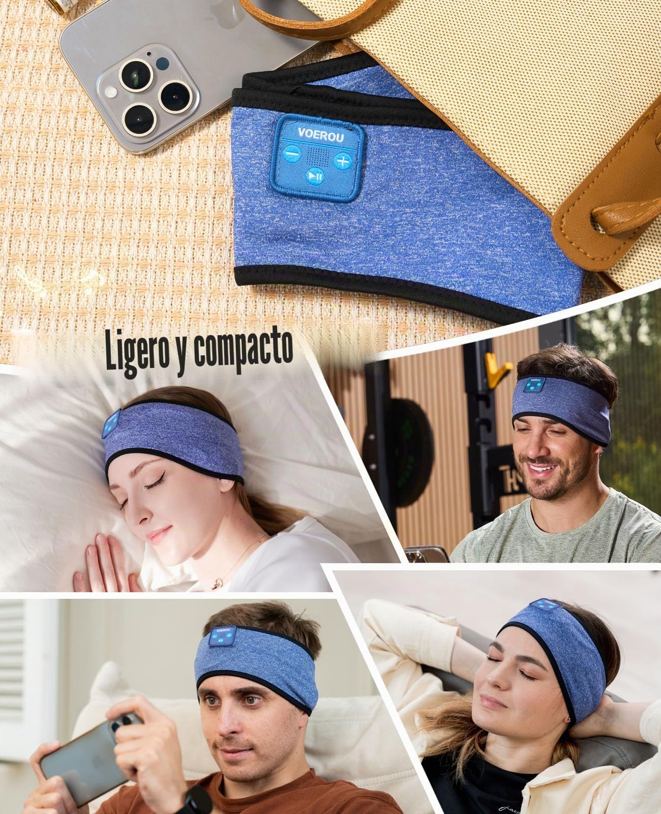 Voerou Auriculares Bluetooth 5.4 para Dormir, Auriculares Inalámbricos con Altavoces Ultrafina y Estéreo, Auriculares para Dormir para Entrenamiento, Correr, Yoga y Meditación, Dispositivos