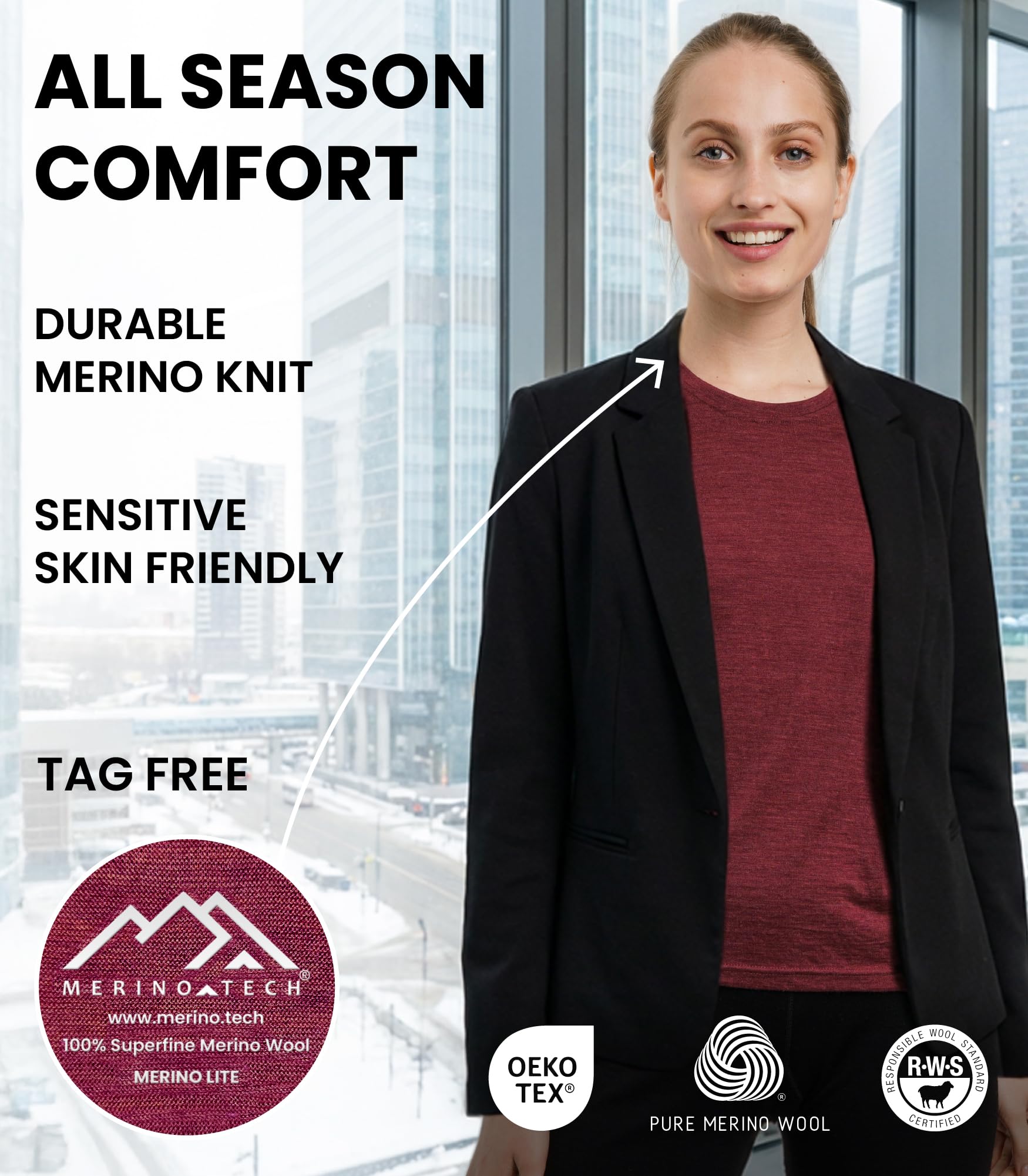 Merino.tech Maglietta Donna - T Shirt Lana Merino Manica Corta, 100% Intimo Lana Merinos Donna