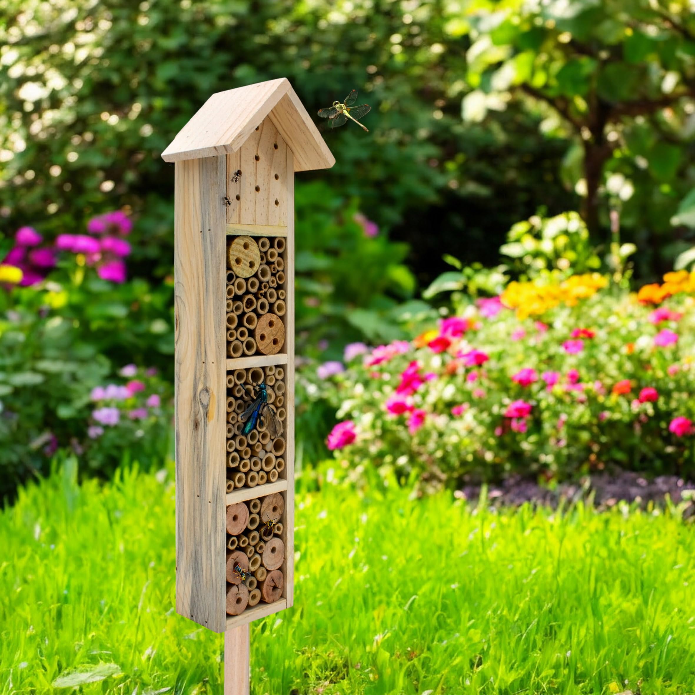 Hotel para insectos de madera con estaca – H 78 cm – Casa de insectos natural para colocar – Bienenhotel Hummelhaus Holzhaus Nisthilfe para abejas, abejas, crisopas, mariposa