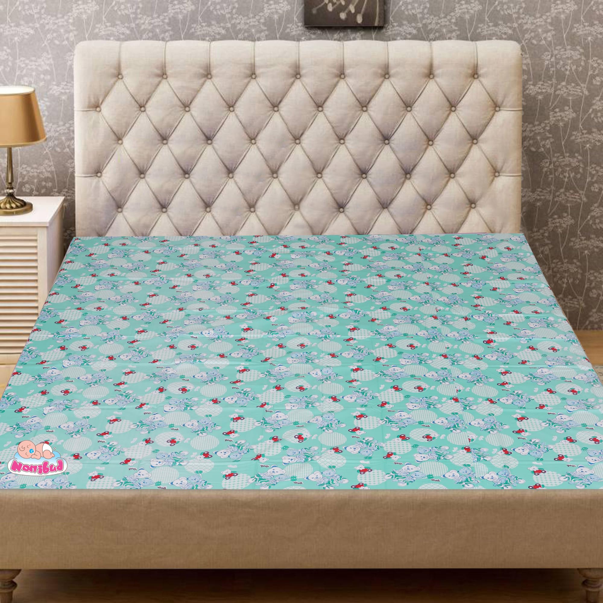 Nonibud Waterproof Plastic Mattress Protection Sheet for Baby and Adult - Double Bed/King Size - 7.5 x 6.5 feet (Sea Green Teddy)