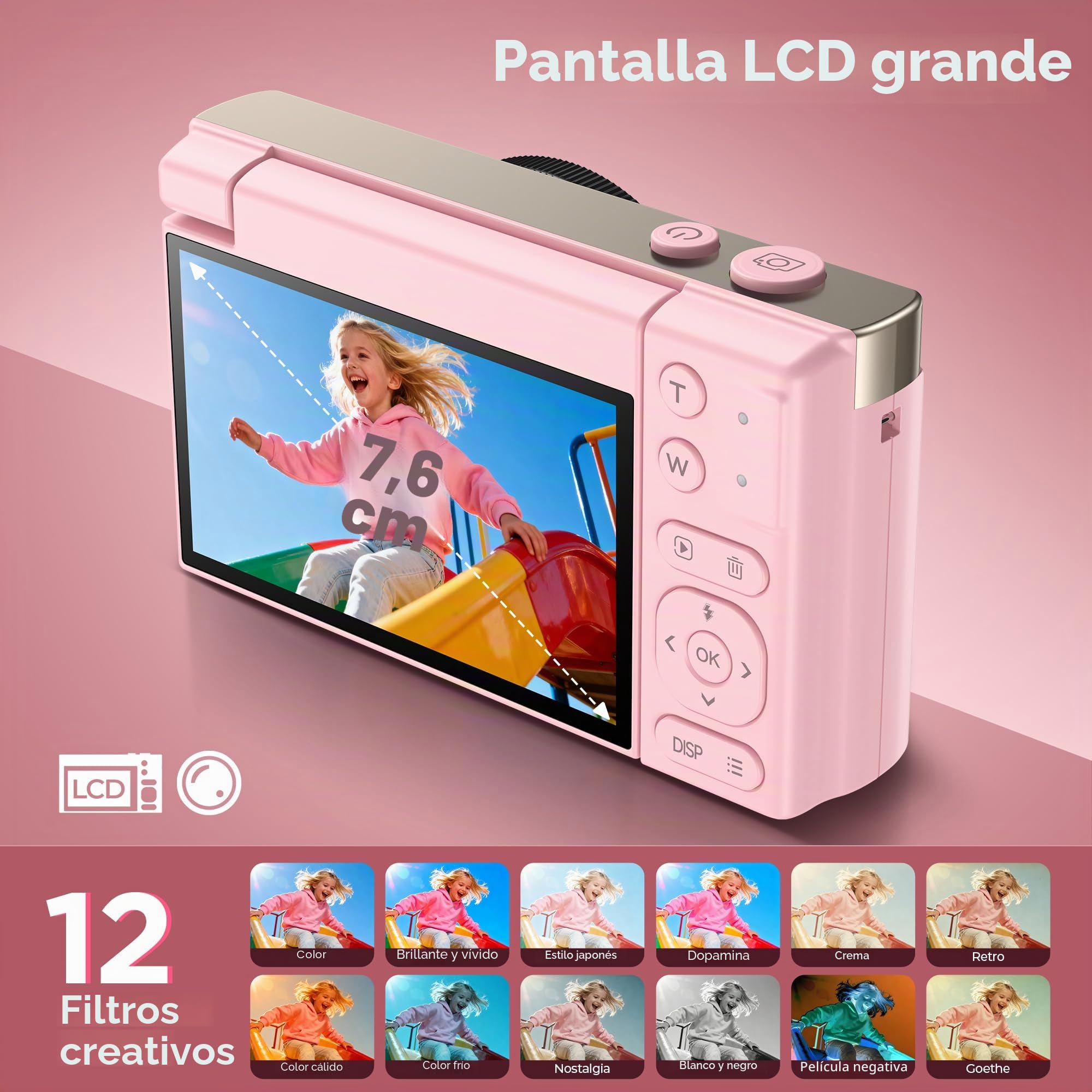 Camara de Fotos Digital 4K Profesional: Chica Cámara Digital con Pantalla Abatible 180° - CAM Compacta con 32G Tarjeta - 16X Zoom Camara para Principiantes Niña Adolescente
