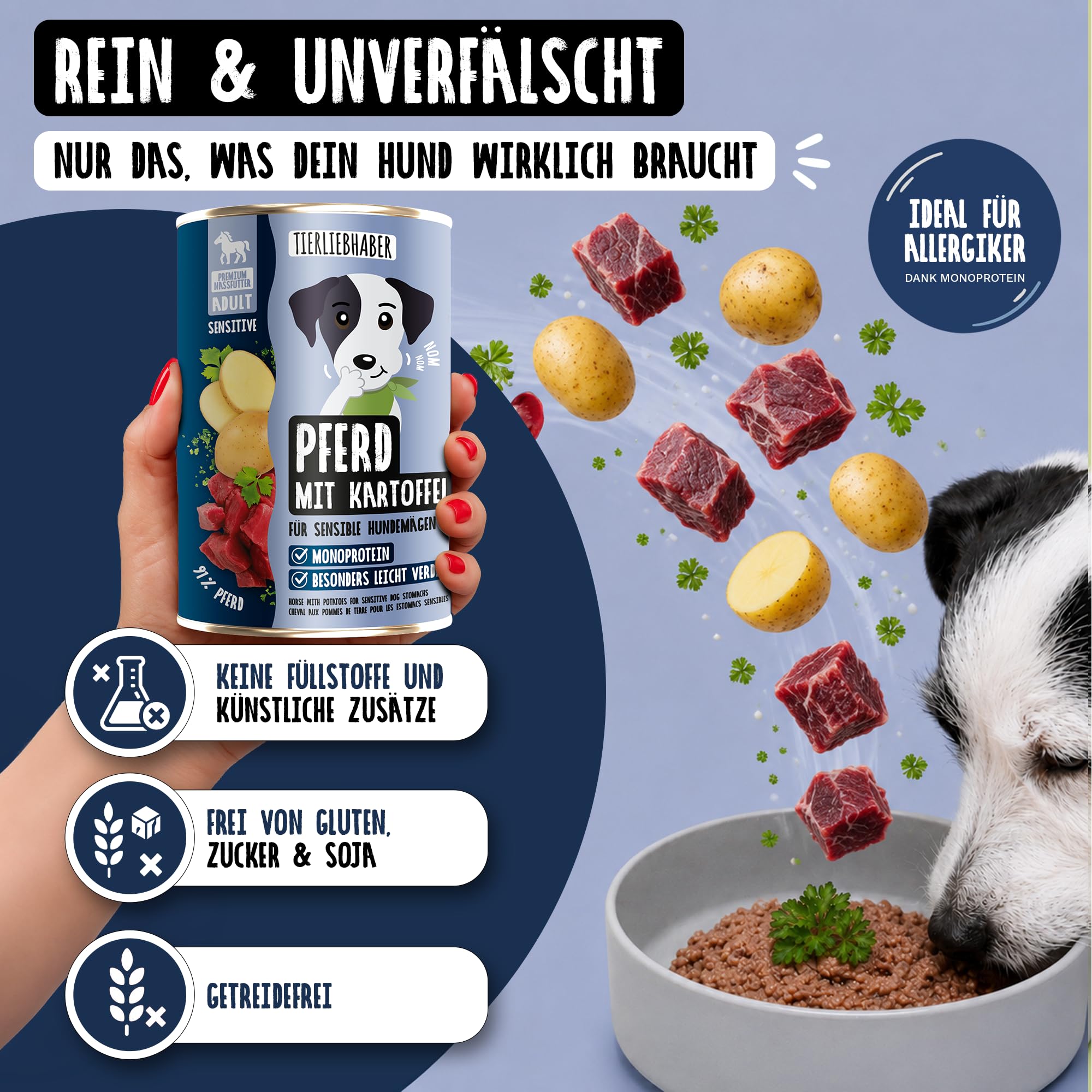 Hundefutter Nass 12x400g Pferd & Kartoffeln – Hunde Nassfutter Wet Dog Food | Tierärztlich entwickeltes Hundenassfutter 400g Dosen mit 94% Fleischanteil – Dog Food leicht verdaulich von TIERLIEBHABER