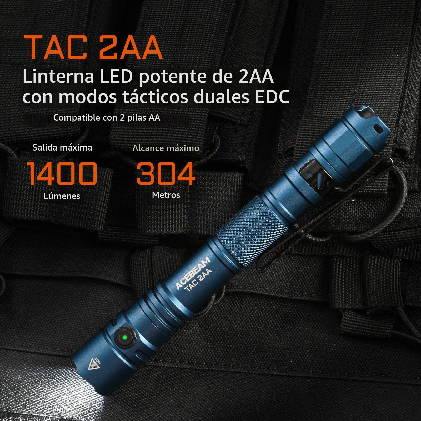 ACEBEAM TAC 2AA Linterna Táctica EDC Con Doble Modo Recargable, 1400 Lúmenes, LED de Bolsillo Con Doble Interruptor, Pequeña Súper Brillante Para Emergencias, Camping