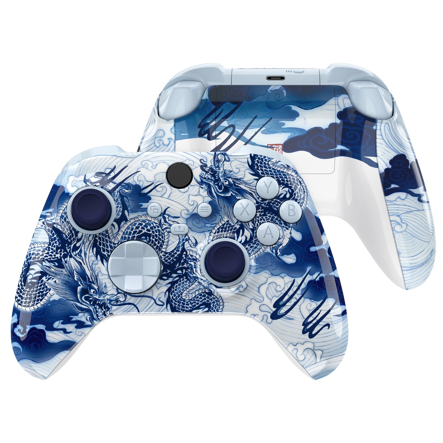 eXtremeRate Full Case & Buttons für Xbox Series X&S Controller, DIY-Ersatz Gehäuse Skin Faceplate/Back Cover/D-Pad Trigger Tasten/Thumbsticks Ersatzteile Set für Xbox Core Controller-Porzellan Drache