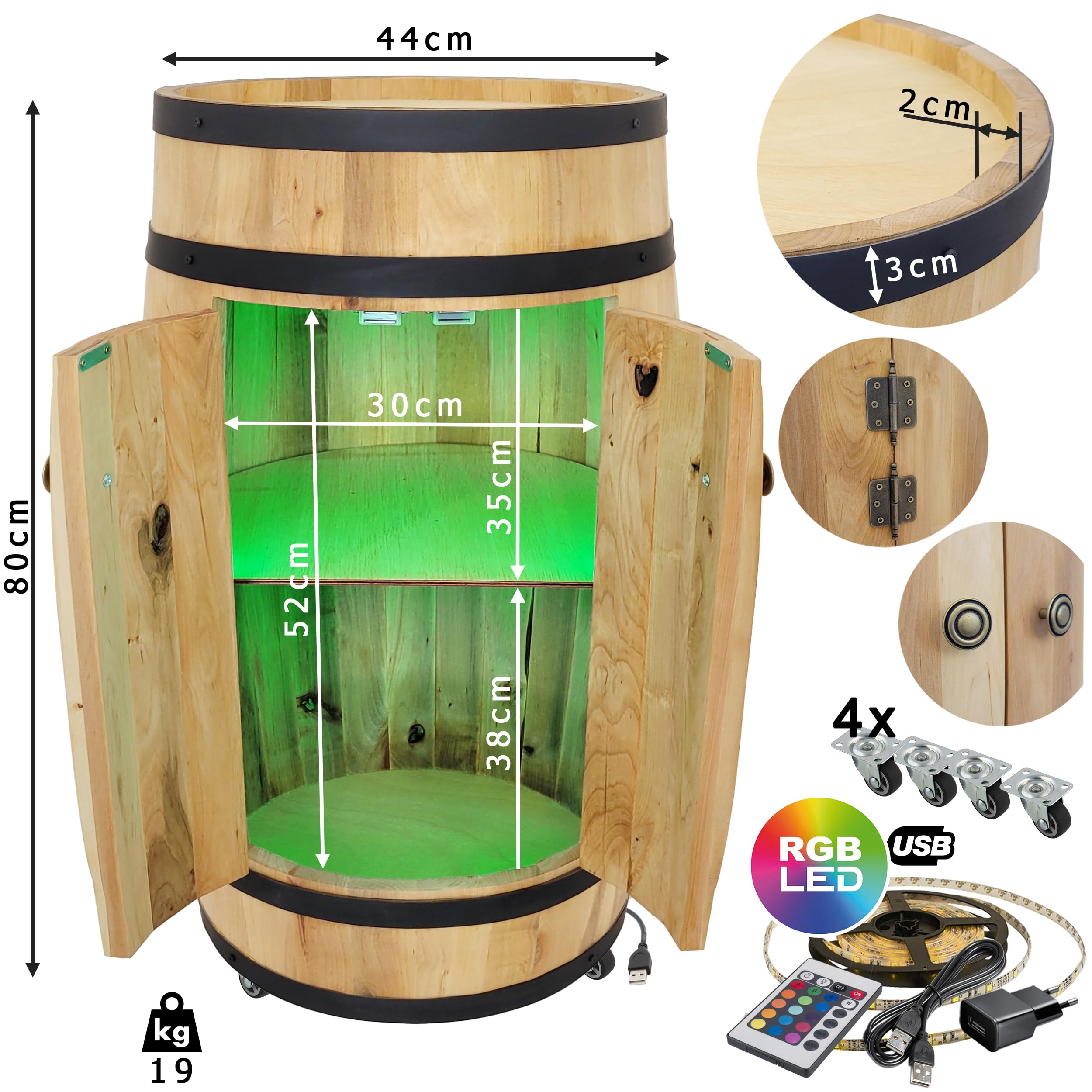 weeco Tonneau en Bois avec 4 Roues, Portes et éclairage USB RGB. Étagère en Bois de hêtre Solide et Renforts en métal - Tonneau Bar - Casier à Vin - Armoire de Bar (Marron Clair/chêne)