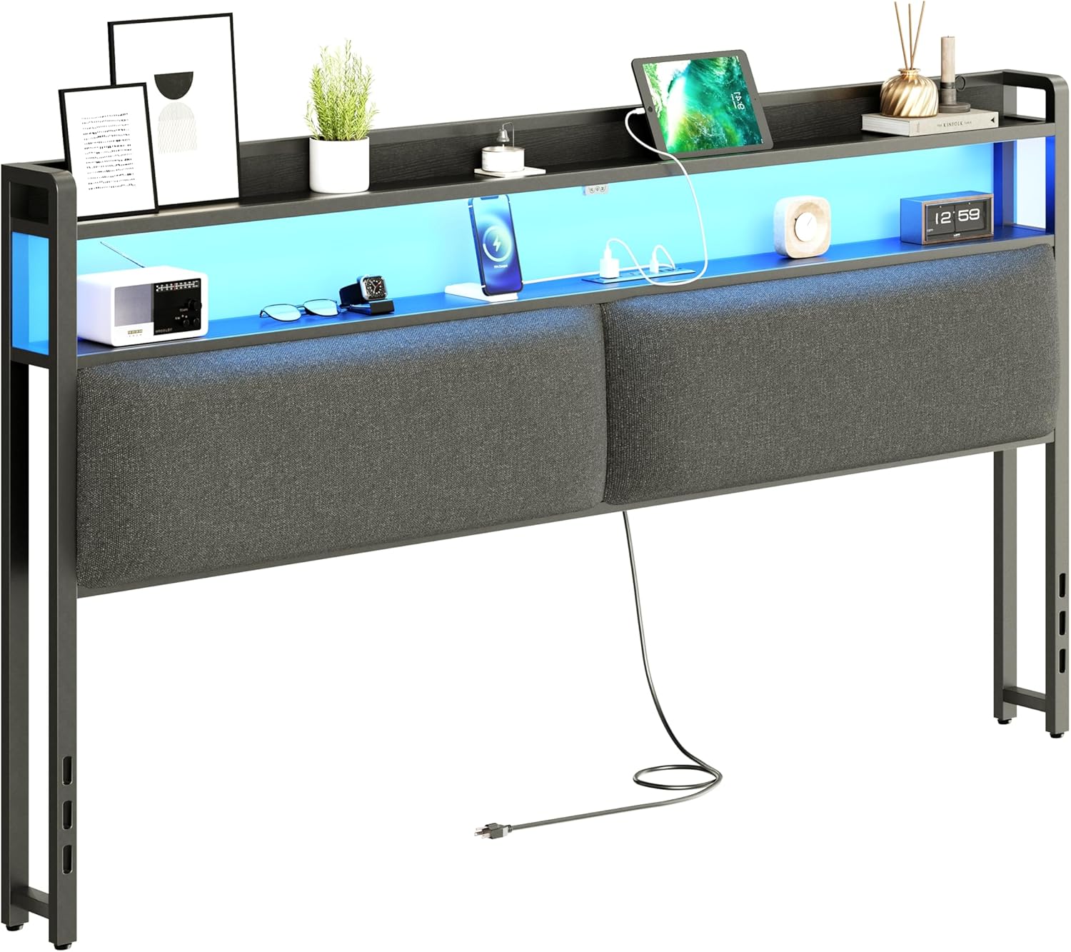 headboard for king size bed frame, headboards with outlets, usb ports and 60,000 diy color led light, upholstered head board with storage, height adjustable, black bt01crb king black