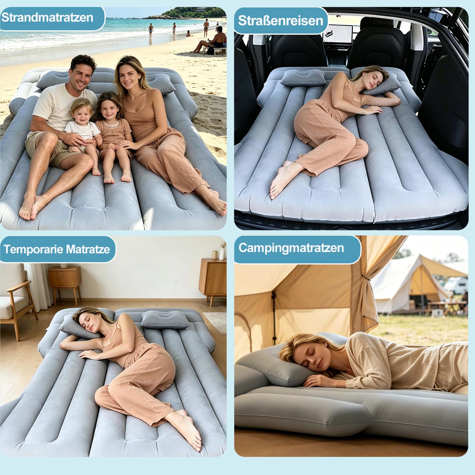 Auto Matratze Geeignet für Tesla Model Y für Camping Reisen | 190 Cm X 130 Cm, Mit Aufblaspumpe und 2 Kissen, 300KG Hohe Tragfähigkeit, 4 separate Luftkammern, Robustem PVC-Material