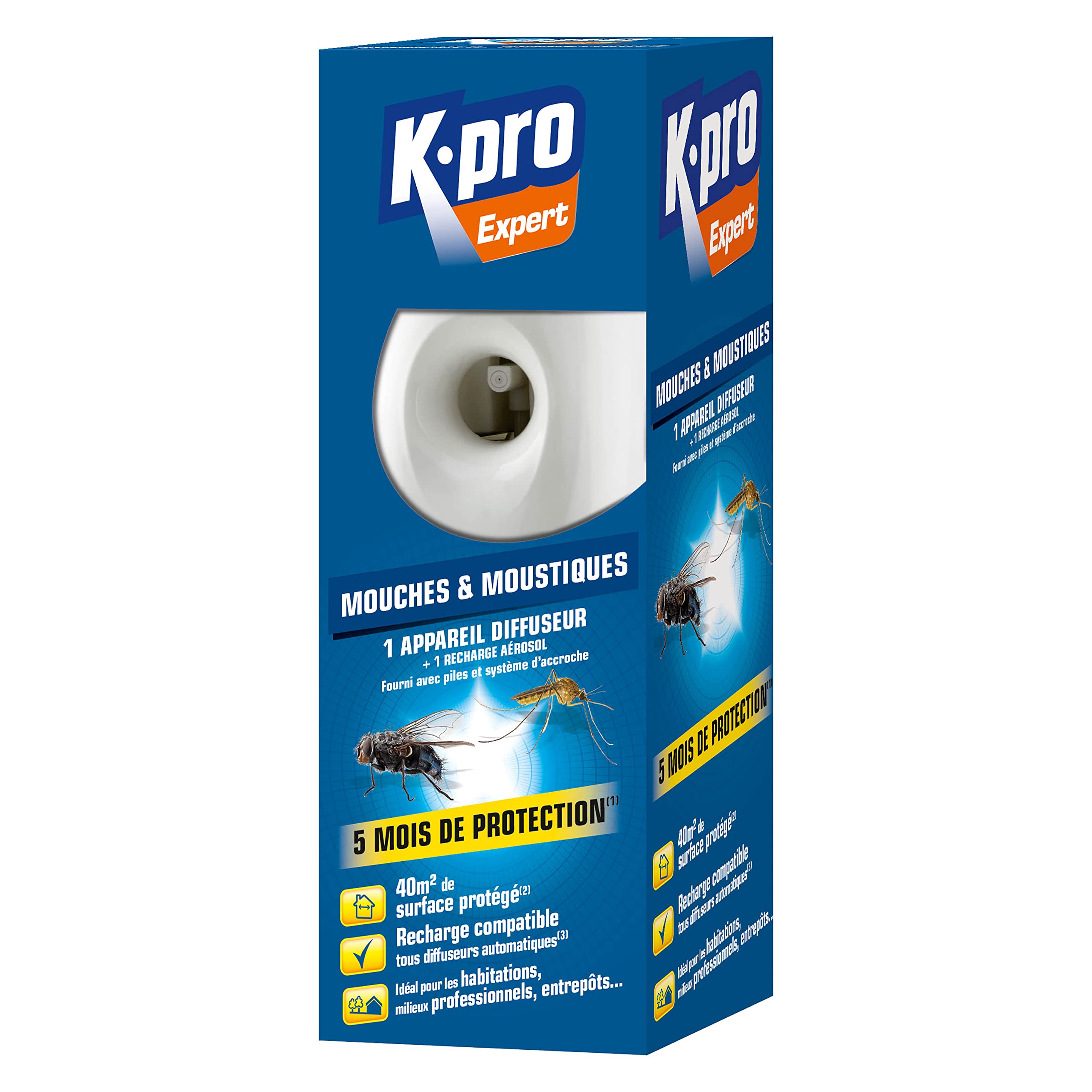K.​PRO Diffuseur automatique contre mouches et moustiques, 250 ml, 5 mois de protection, Programmable 3 fréquences, Protège jusqu'à 40 m², Fourni avec piles et recharge