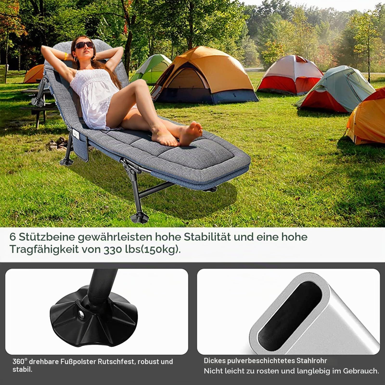 Feldbett Klappbar, Campingliege Klappbar mit Matratze & Seitentasche, 5-Fach Verstellbar Gartenliege, Campingbett, Karpfenliege, Liegestuhl für Camping Reisen Strand und Garten (Grau)