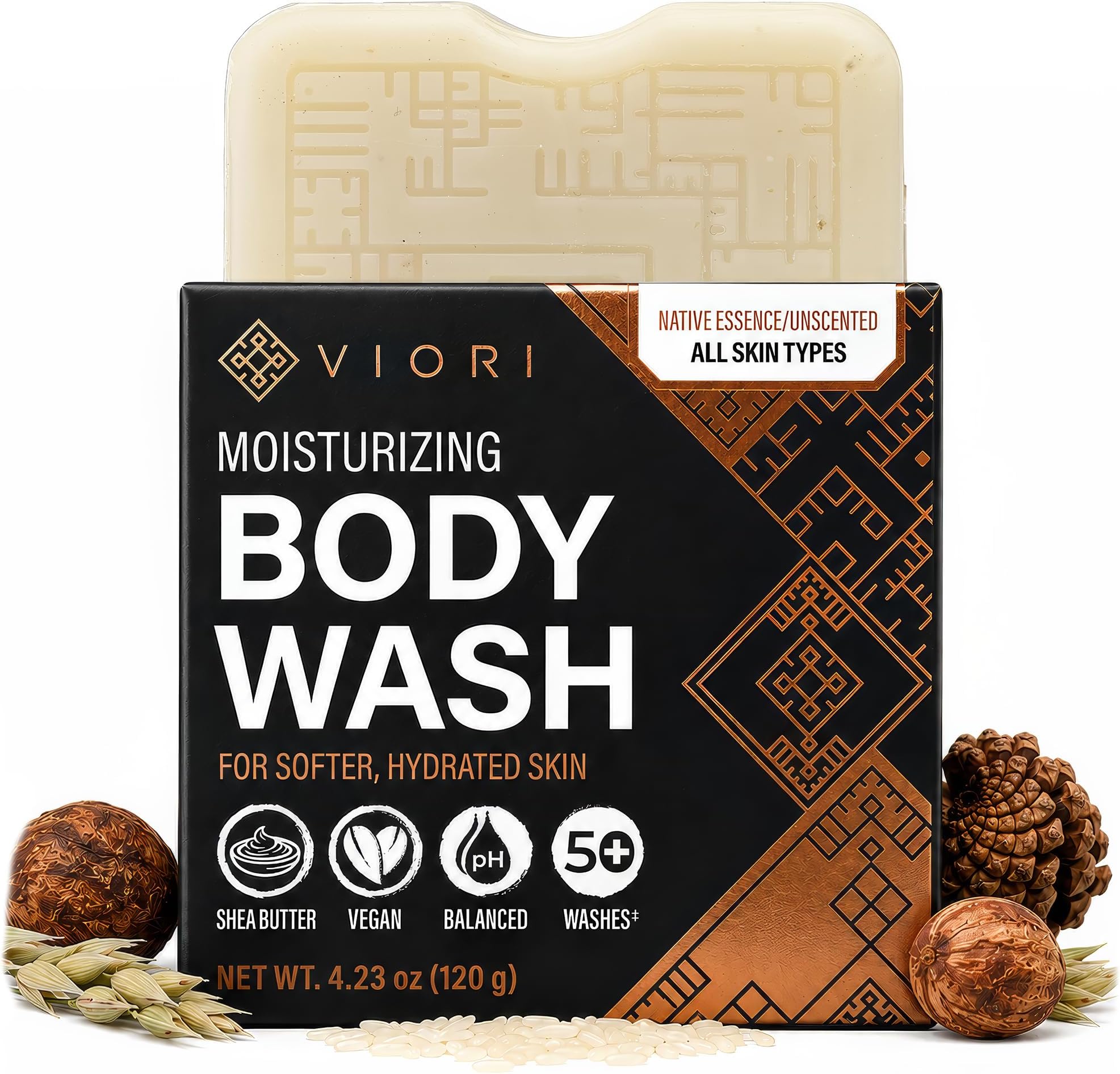 Viori Unscented Body Wash Bar Soap - Rice Water, Native Essence | 120g bar soap, no added fragrance; sulfate/paraben/cruelty-free, vegan; 30-45 washes per bar; bamboo holder sold separately