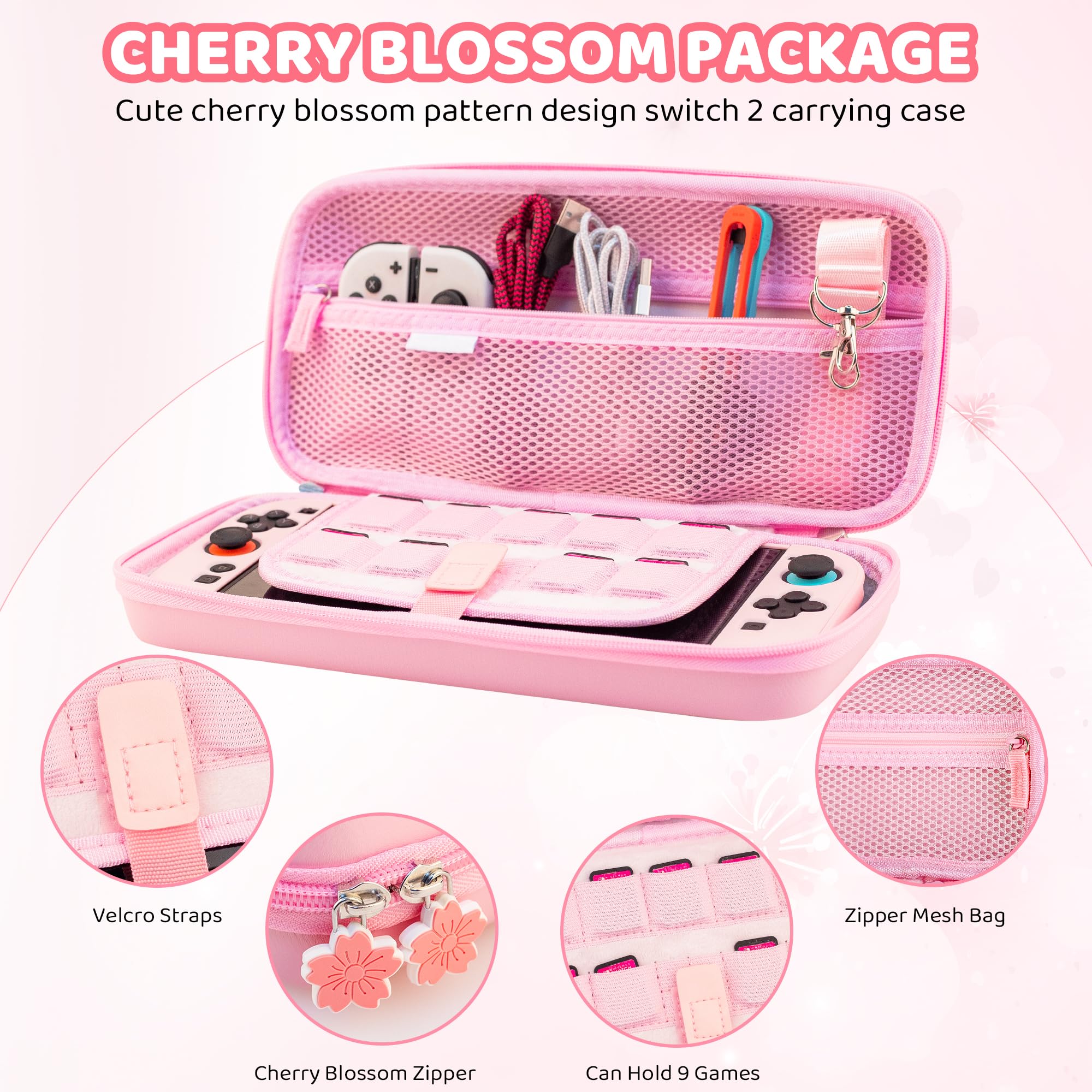 RHOTALL Pink Cherry Blossom - Bolsa de viaje para Nintendo Switch 2 (2025) de 7,9 pulgadas, bonita bolsa de viaje con carcasa rígida para Switch 2, protector de pantalla, 2 tapas para el pulgar