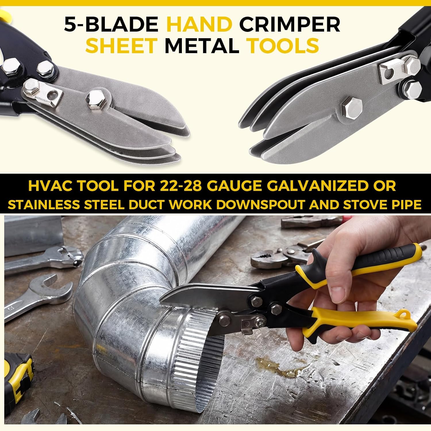 Lothee 4 Unit 5 Blade Hand Crimper Sheet Metal Tool, Gutter Crimping HVAC Hand Tool for 22-28 Gauge Stainless Steel, Duct, Stove Pipes 10-1/2" Sheet Metal Rust Resistant Ergonomic Handle(Color)