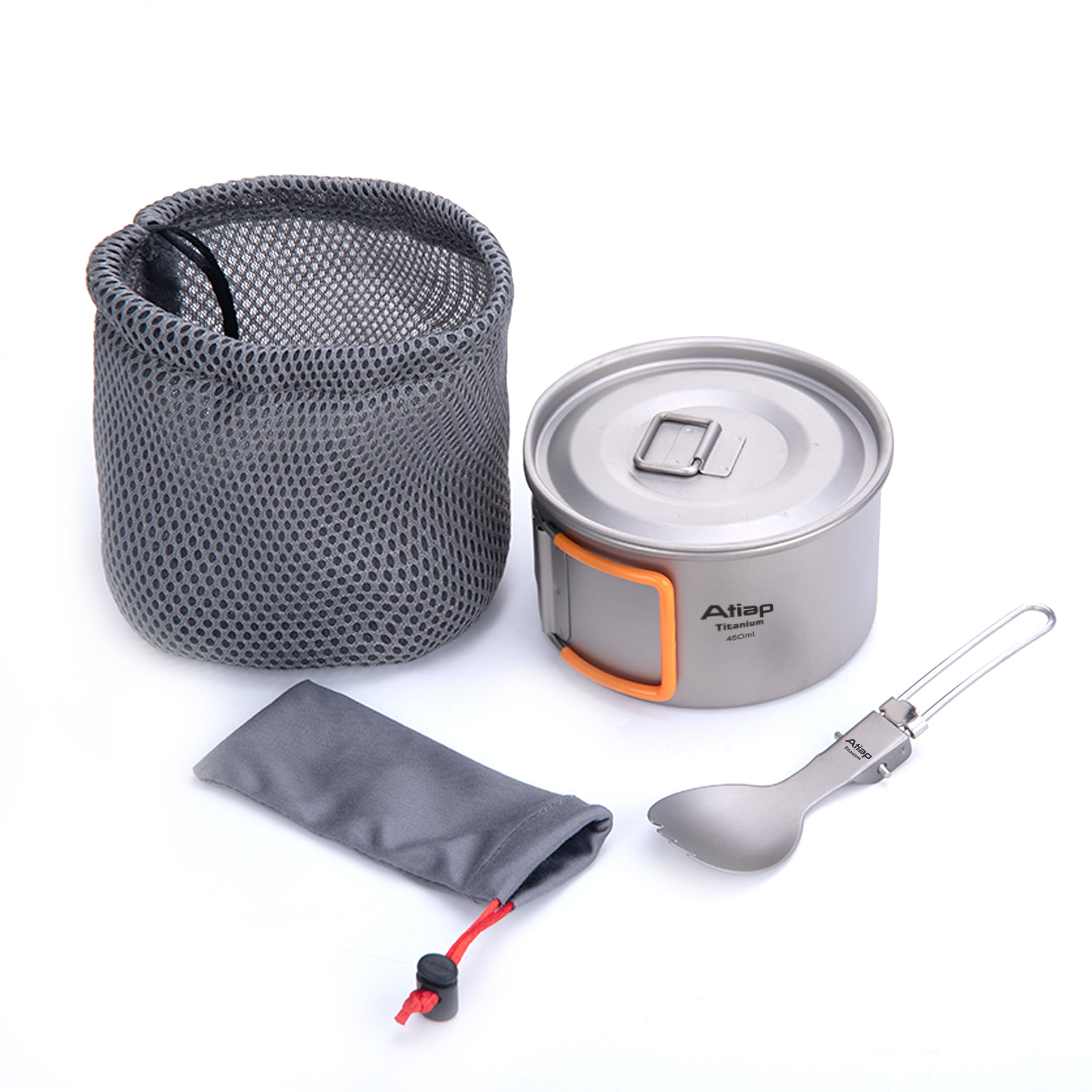 Atiap Titanium Camping Pot Bowl 450ml with Lid, Spork & Mesh Bag