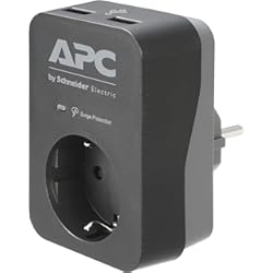 APC Surge Protector PME1WU2B-GR - Adaptador de Enchufe con protección contra sobretensiones (1 Enchufe Schuko, 2 Salidas de Carga USB), Color Negro