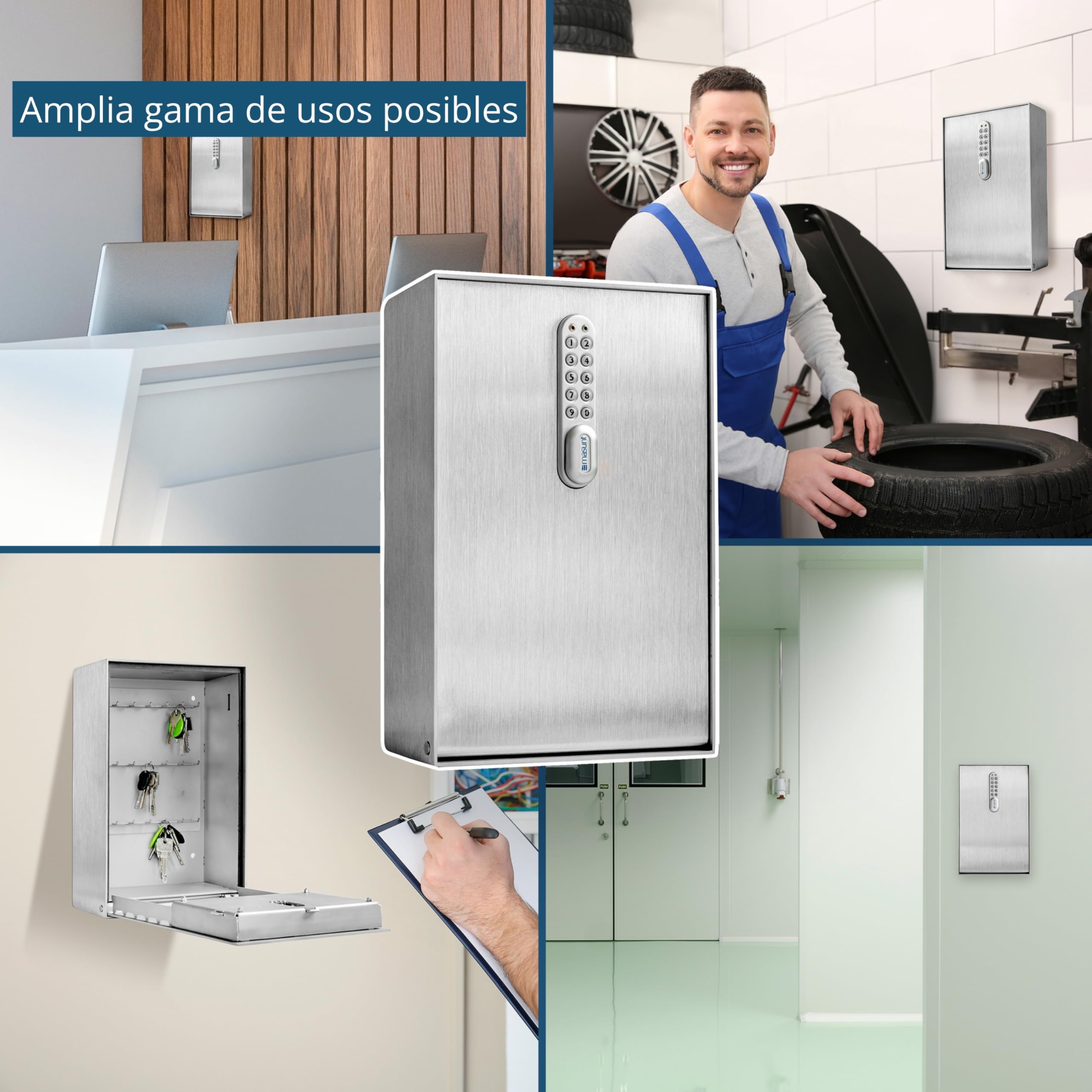 masunt Caja fuerte para llaves 2145 E Code | Caja fuerte para llaves con innovadora asignación de códigos en línea a distancia | Caja fuerte digital para llaves de sólido acero inoxidable V4A Plata