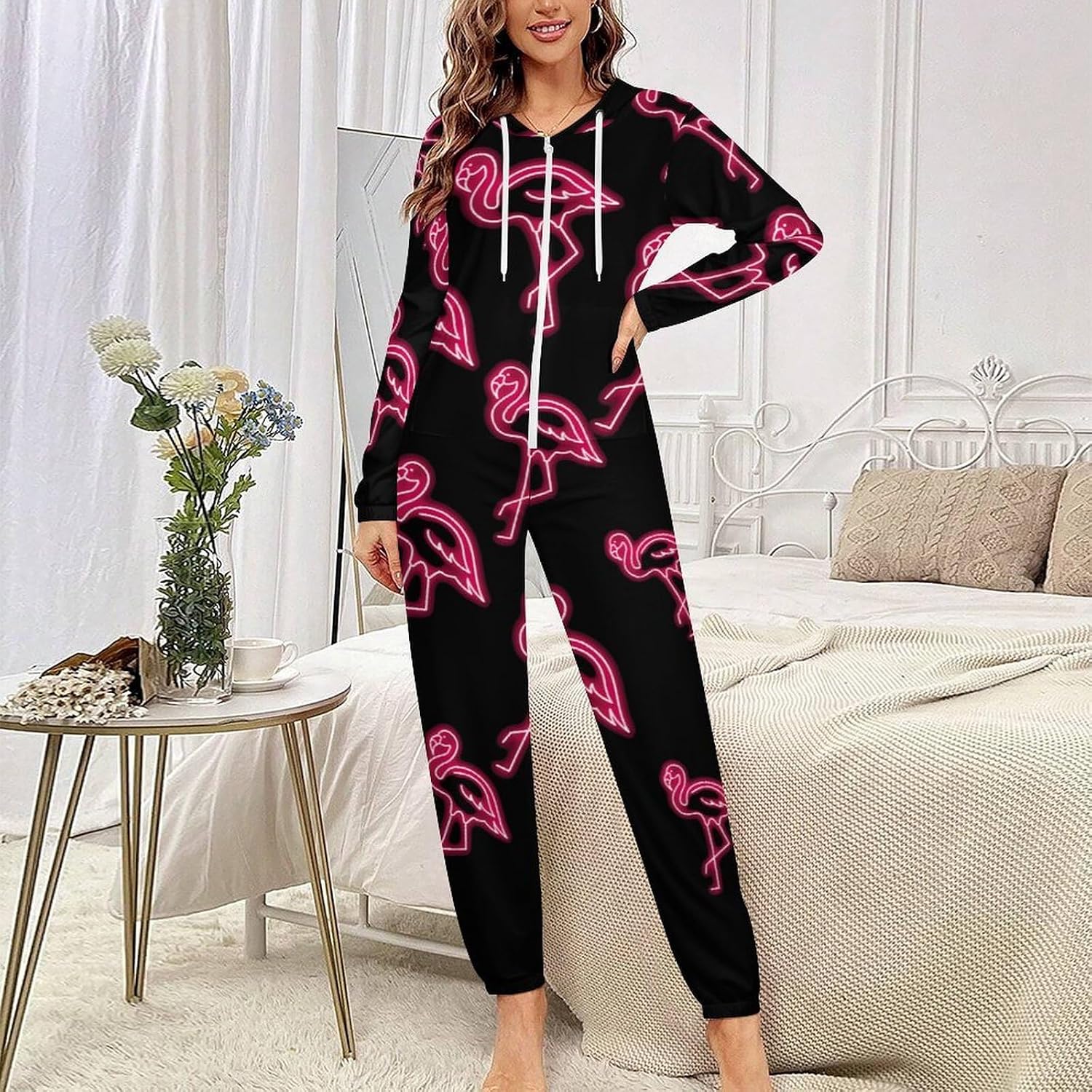 Flamingos Neon Adult Pajamas Onesie with Hood Pocket Jumpsuits One Piece Sleepwear