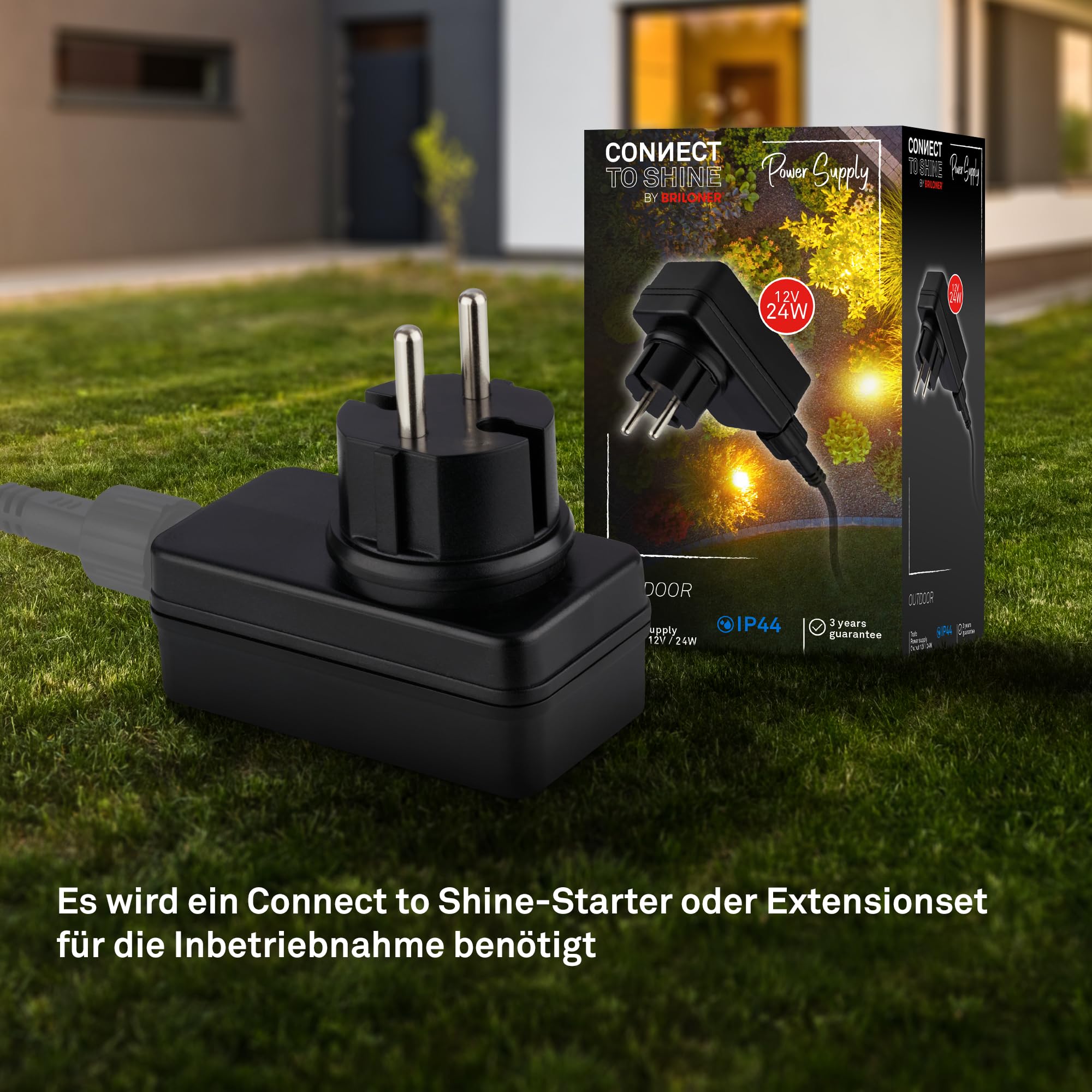 BRILONER - Connect to Shine system ogrodowy 12 V, transformator 24 W, do zasilania do 15 m, IP67 zapobiegający czasowemu zanurzeniu, wtyczka, 10 x 4,5 x 7,5 mm, czarny, akcesoria