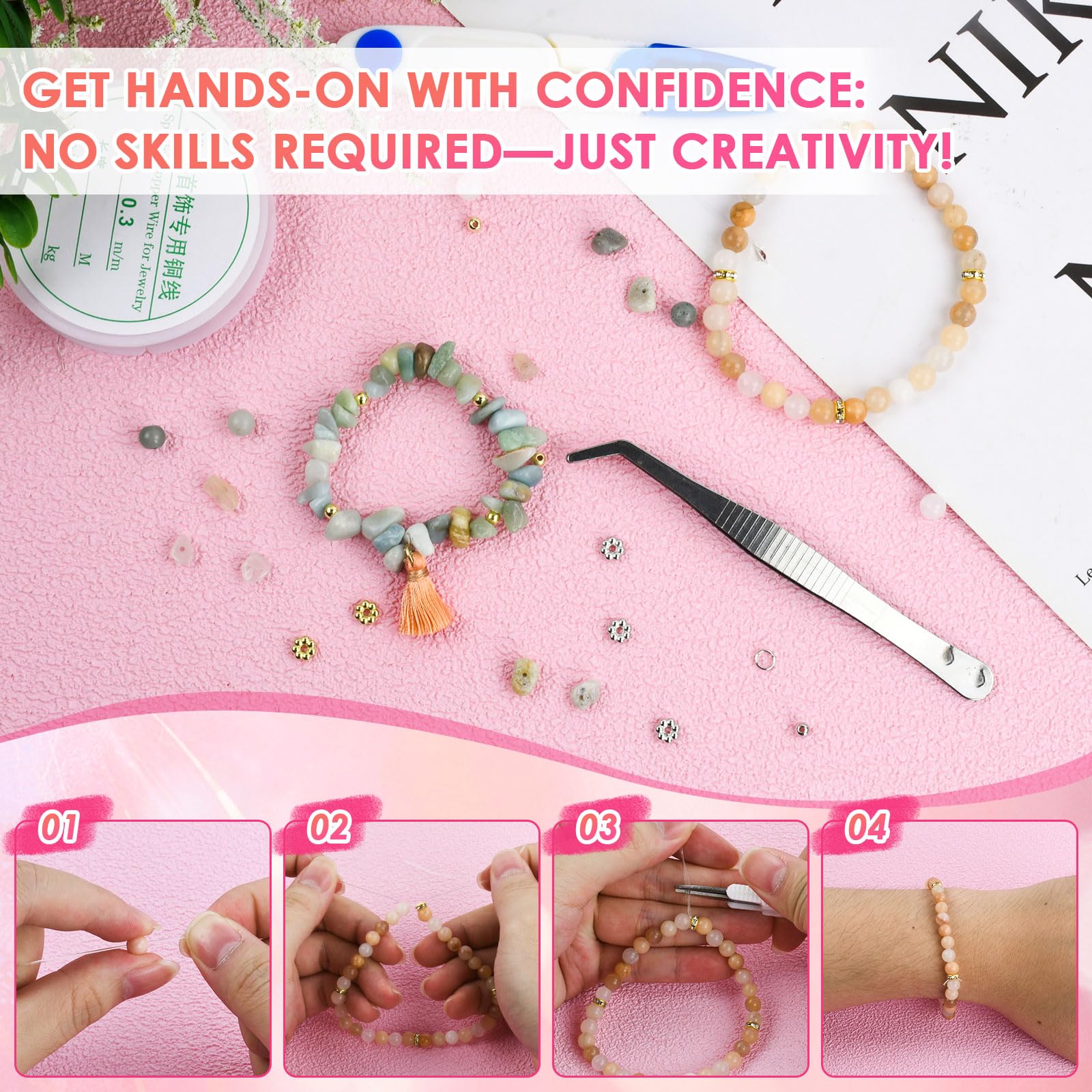 Perline per Braccialetti Naturali, 780 pcs Pietre Preziose da 6mm, Kit DIY per Creazione di Gioielli, Collane, Orecchini e Braccialetti, Set Completo con Accessori