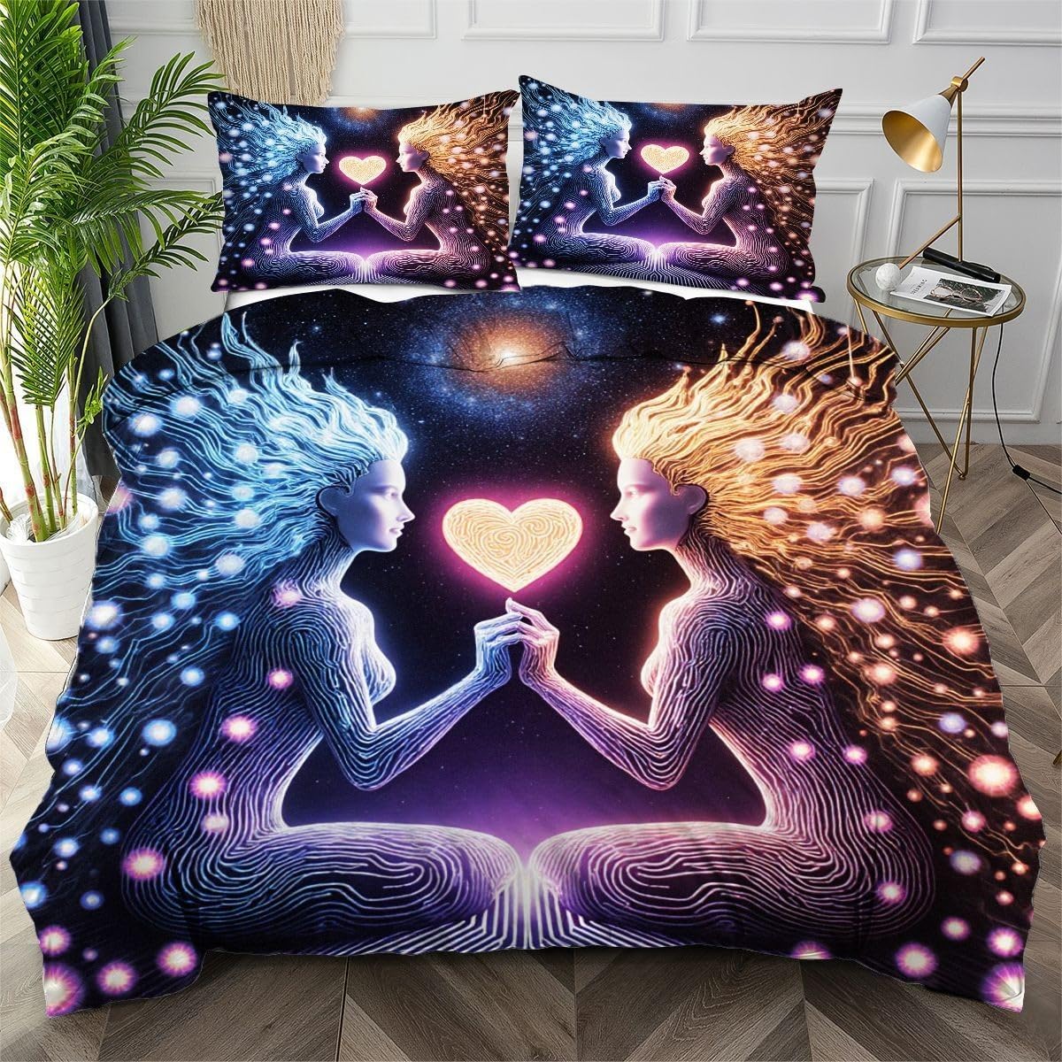 Housse de couette 160x200 cœur bleu anti-plis avec fermeture éclair invisible