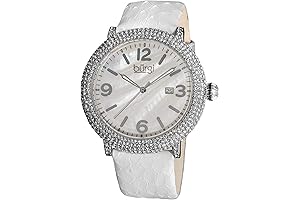 BURGI Women's Crystal Encrusted Silver-Toned Watch with Snakeskin Strap