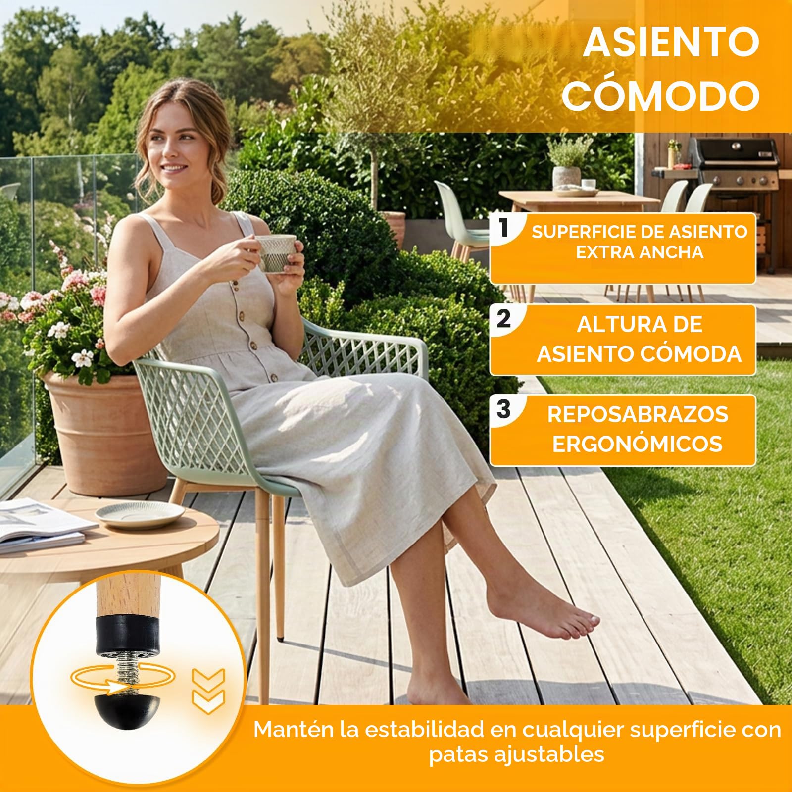 buybyroom Set de 6 sillas de jardín para exteriores, de plástico, para balcón con patas de metal, capacidad de carga 120 kg, color: gris/verde