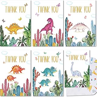 72 Pieces Dinosaur Thank You Cards Includes 36 Pieces Dinosaur Envelopes and 36 Pieces Cactus Dino Thank You Cards Watercolor Dino Thank You Blank Notes Cards for Birthday Kids Party Baby Shower