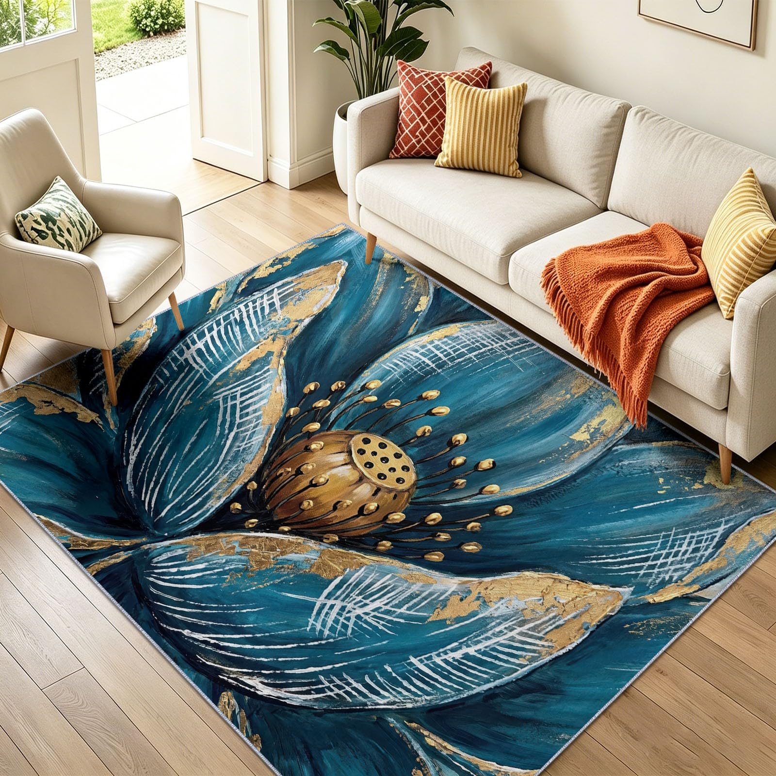 Tappeto per soggiorno antiscivolo, 140 x 200 cm, blu, oro, lavabile, per camera da letto, con fiori stilizzati, moderno, a pelo corto, per camera da letto