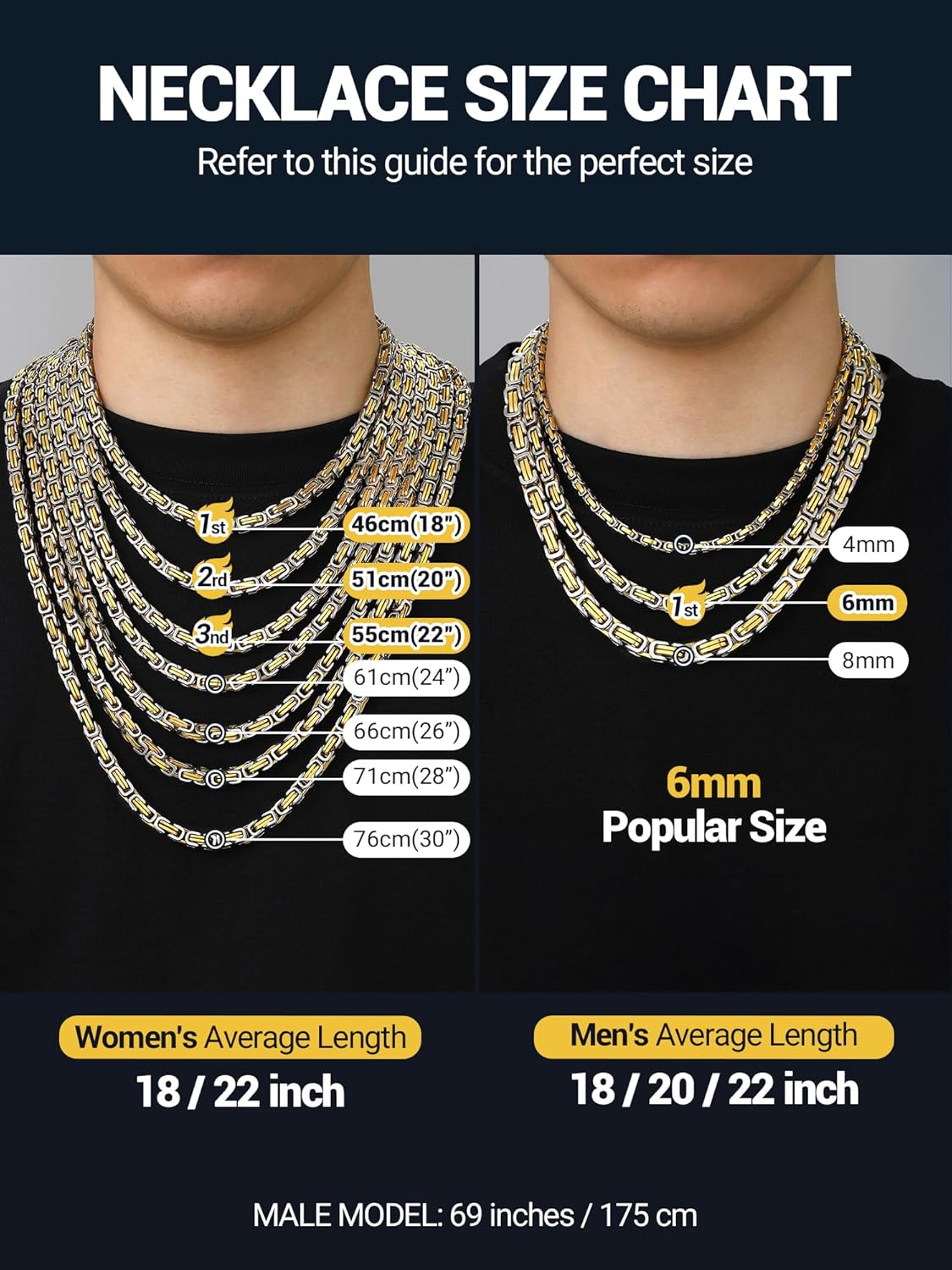 PROSTEEL 4MM/6MM/8MM Stainless Steel Necklace for Men Women, Stylish and Cool, Byzantine Chain Black Gold Silver Tone, 18-30 Inches, Come Gift Box - Image 6