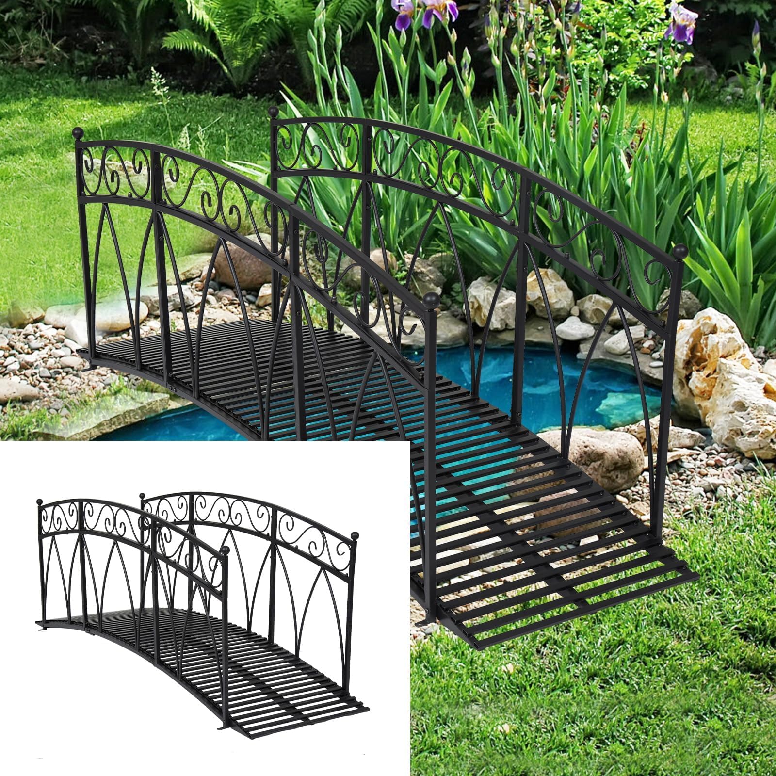 kinbor Garden Bridge – 8 FT Metal Arched Bridges with Safety Patterned Side Rails, Pond Bridge for Backyard, Creek, Lawn, Farm, Steel Decorative Footbridge Garden Bridges for Outdoors