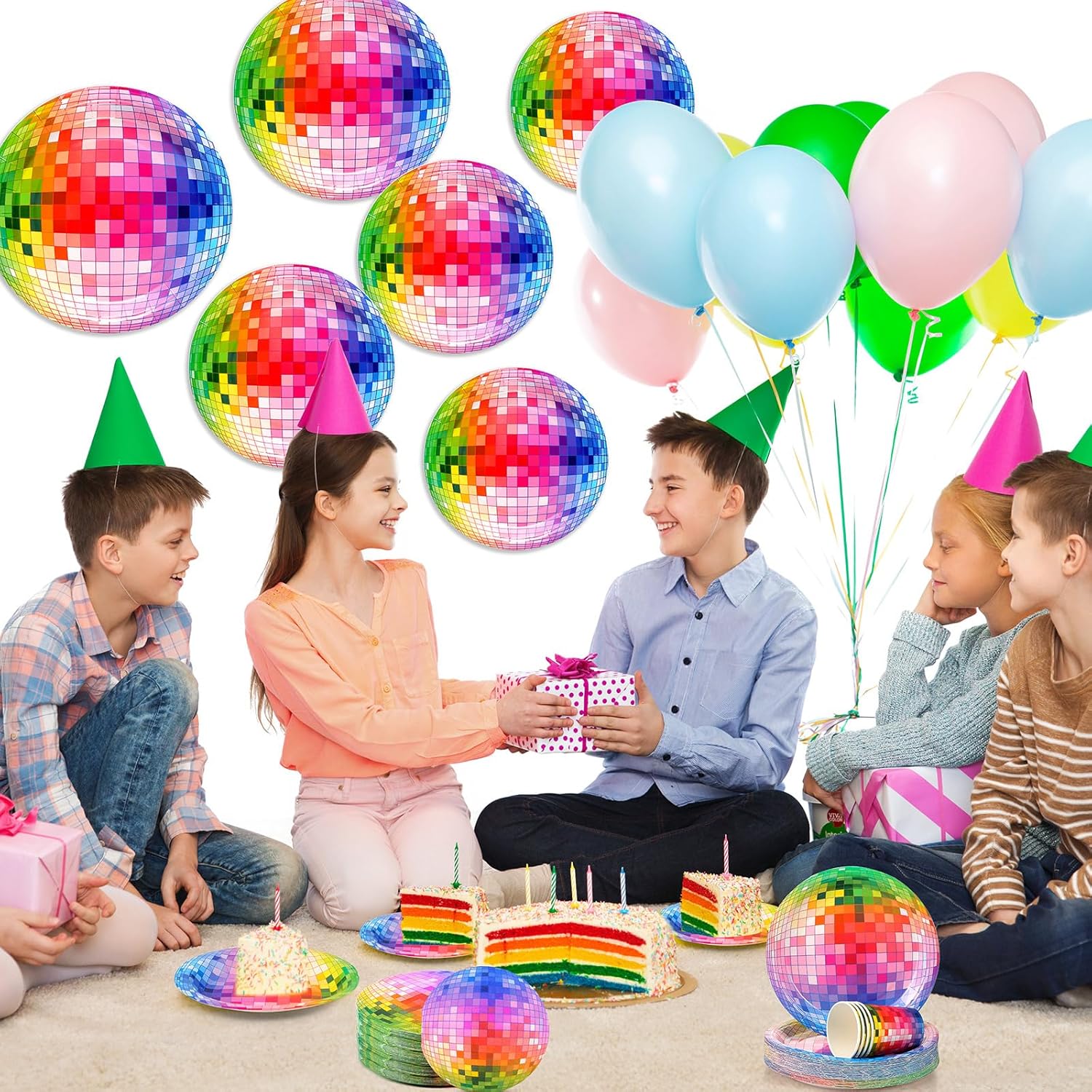70s Disco Party Supplies Includes 50 Pcs Silver Disco Ball Paper Dinner Plates, Paper Cups, Cocktail Napkins for Wedding Birthday Party Picnic Travel (Colorful)