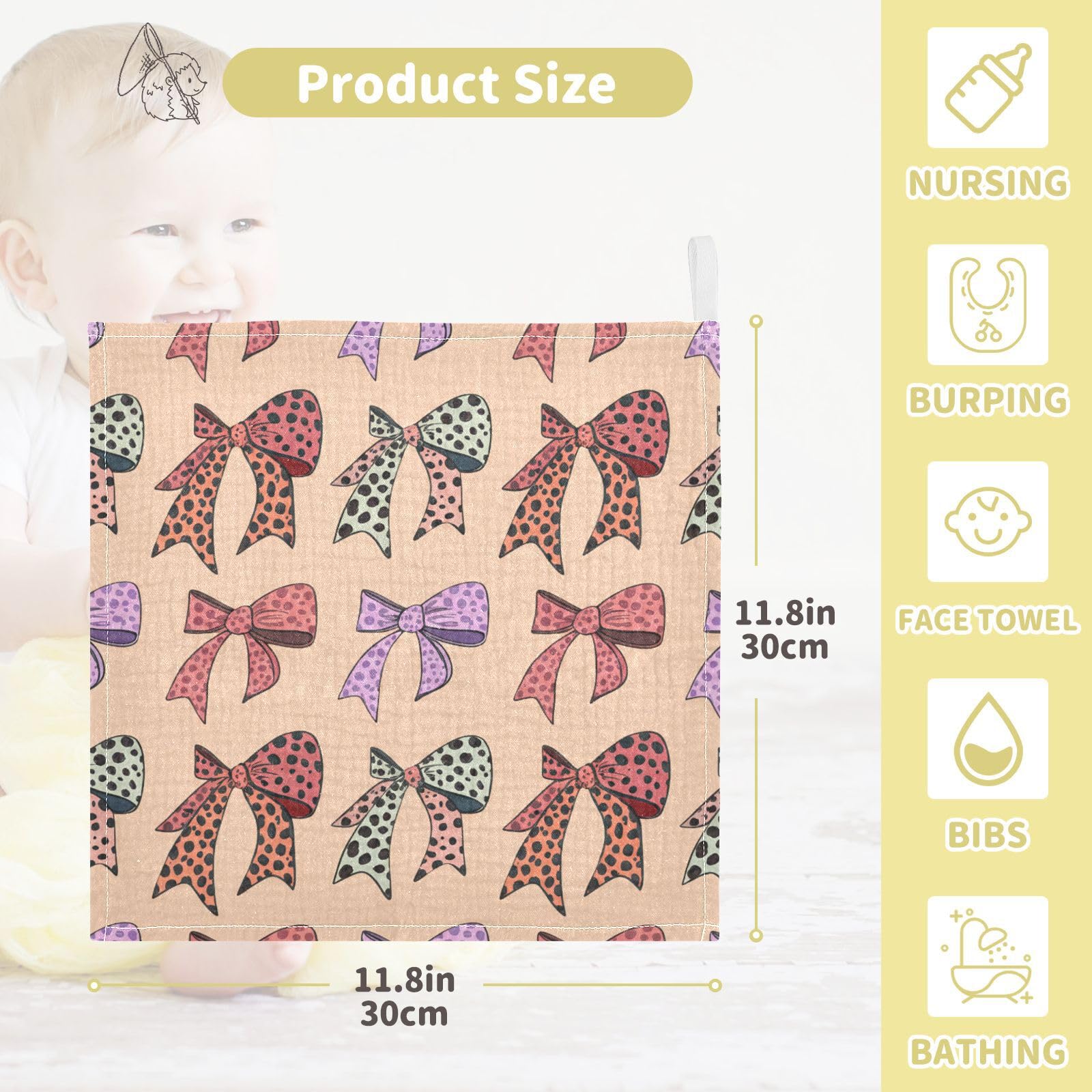 Kigai Colorful Ribbon Bow Baby Washcloths,3pcs Ultra Soft Absorbent Towel,Newborn Bath Face Towel, Natural Reusable Baby Wipes for Sensitive Skin, Baby Registry as Shower
