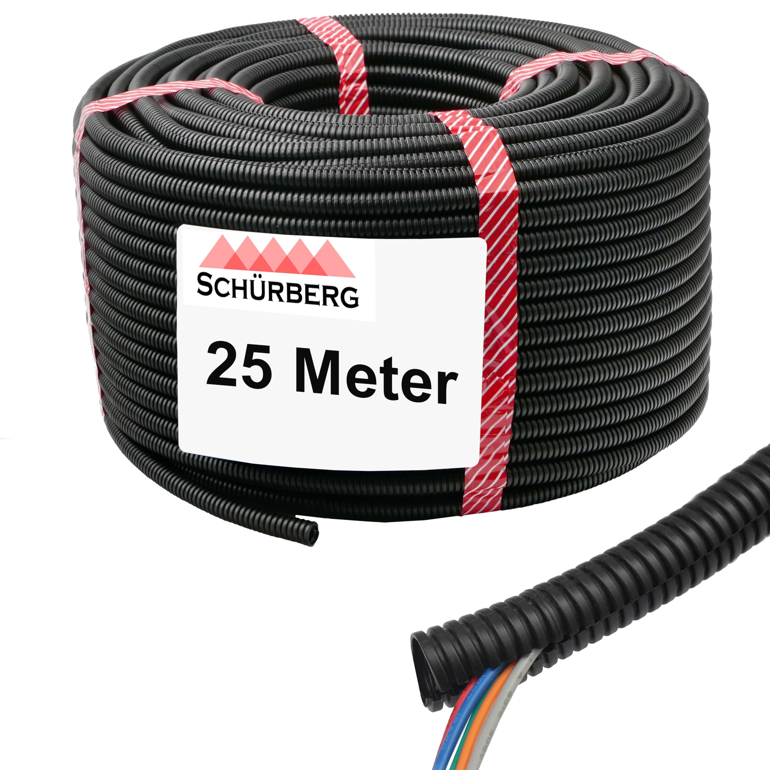 25 Meter Wellrohr geschlitzt Schutzrohr Leerrohr Ø Innen 21,0mm / Ø Aussen 25,0mm | Schwarz | UV Beständig | Bis -40 bis 105°C | schwer Entflammbar | verschiedene Größen u. Längen