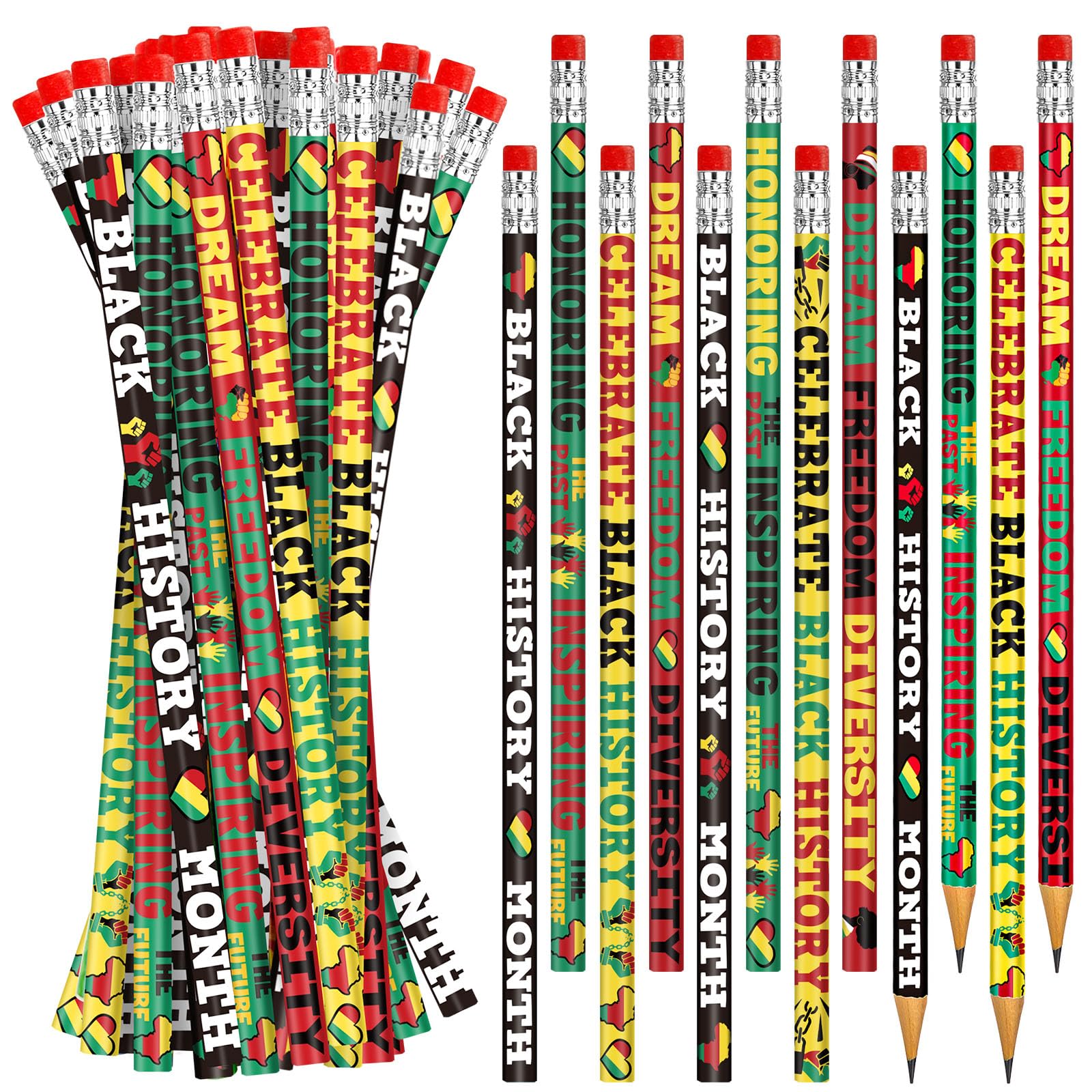 Cinrobiye 200 PCS Juneteenth Black History Month Inspirational Wood Pencils with Eraser Classroom Gifts Bulk School Supplies Office Giveaways Party