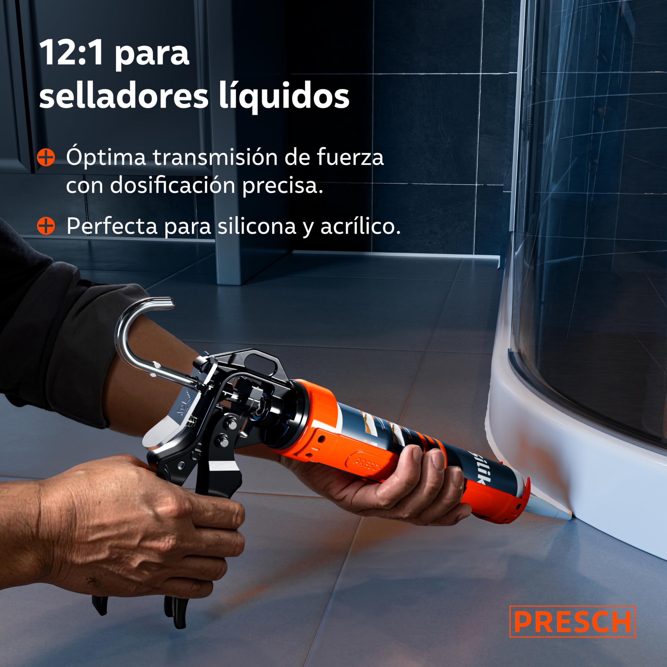 Presch Juego Pistola Silicona 26:1 & 12:1 con antigoteo – Para cartuchos hasta 310 ml (acrílico, silicona, adhesivo alta adhesión) – Cartuchera pistola giratorio 360° incl. aguja de perforación