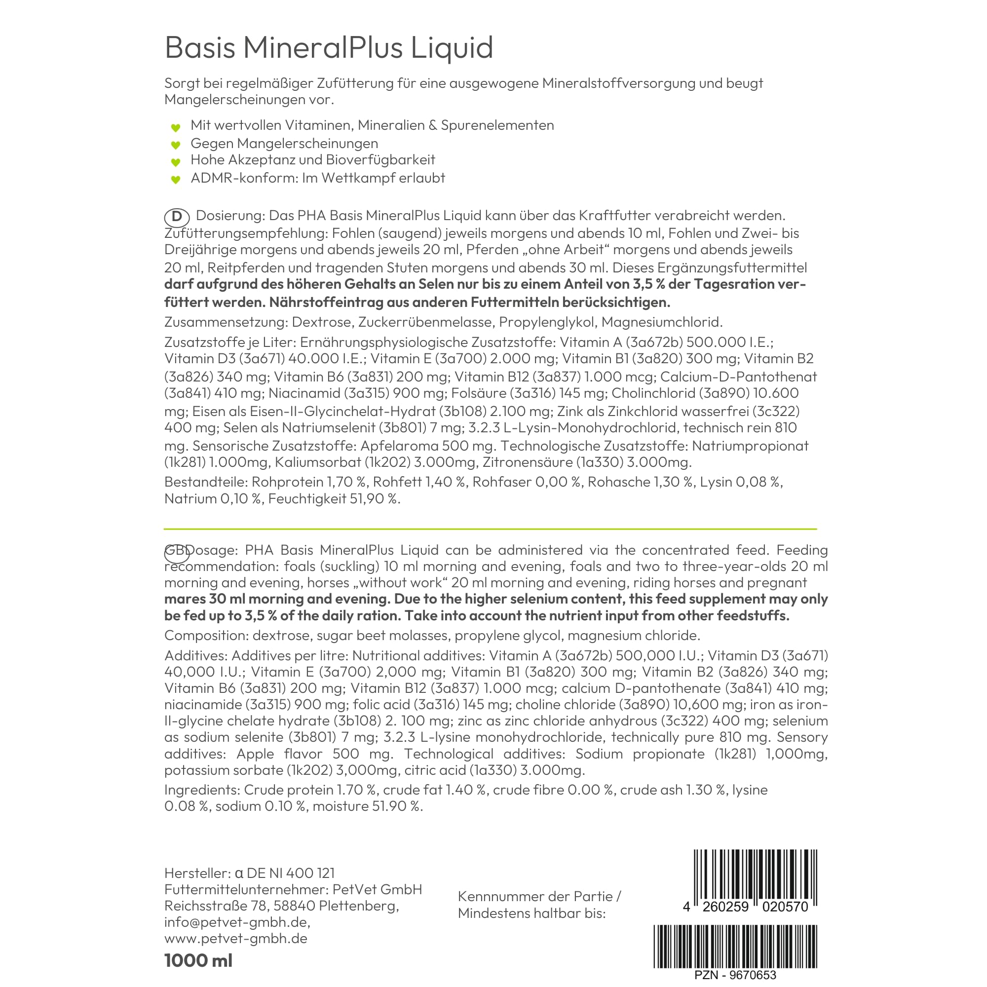 PHA Basis MineralPlus Liquido per Cavalli, vitamine e minerali preziosi per Zoccoli, Muscoli e Sistema immunitario, per Le Esigenze quotidiane di nutrienti, 1 l