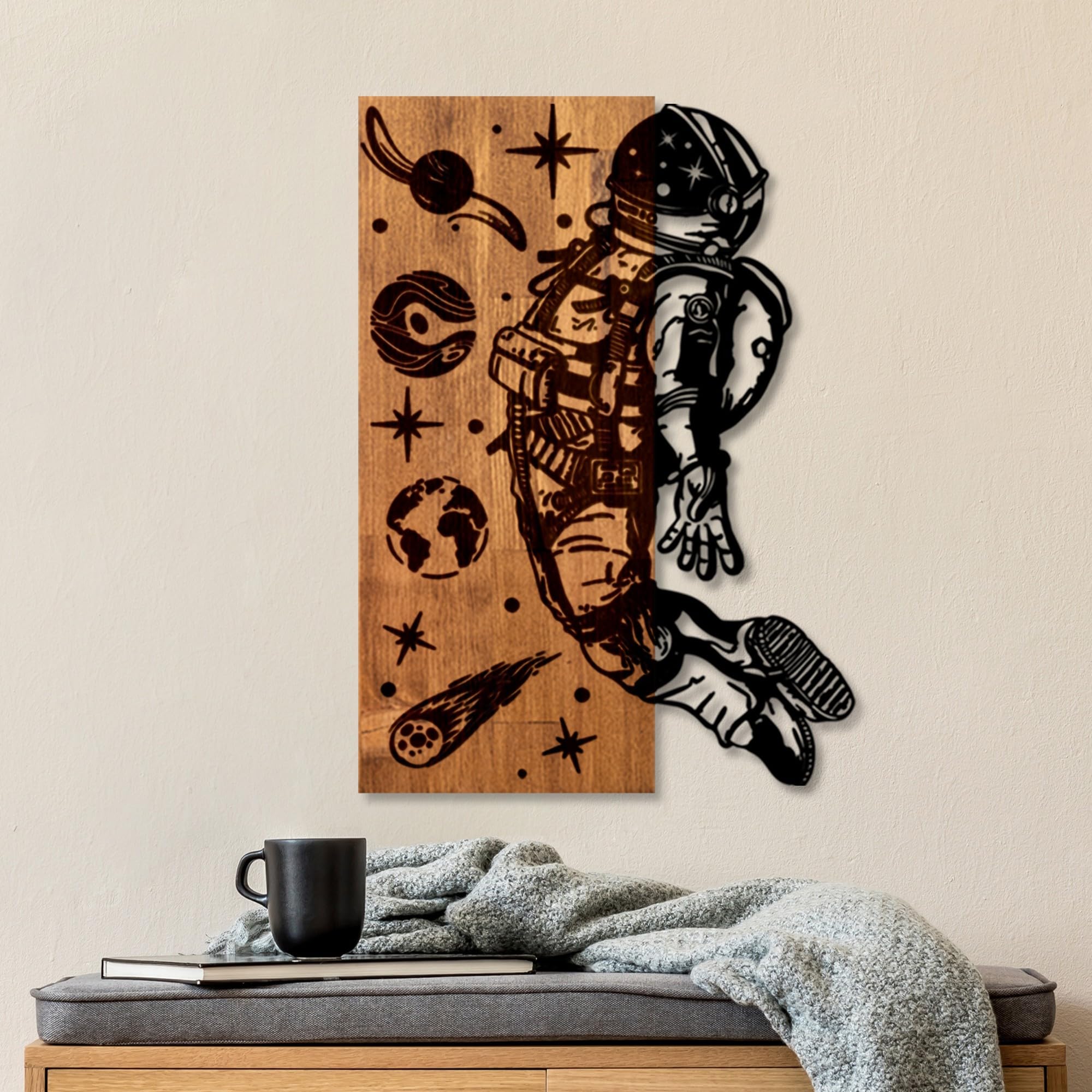 Elegant Decorative Wooden Wall Accessory, Walnut & Black, 42 x 58 x 3 cm, 50% Wood (3 cm) & 50% Metal (1.5 cm), Unique Design for Stylish Home Decor