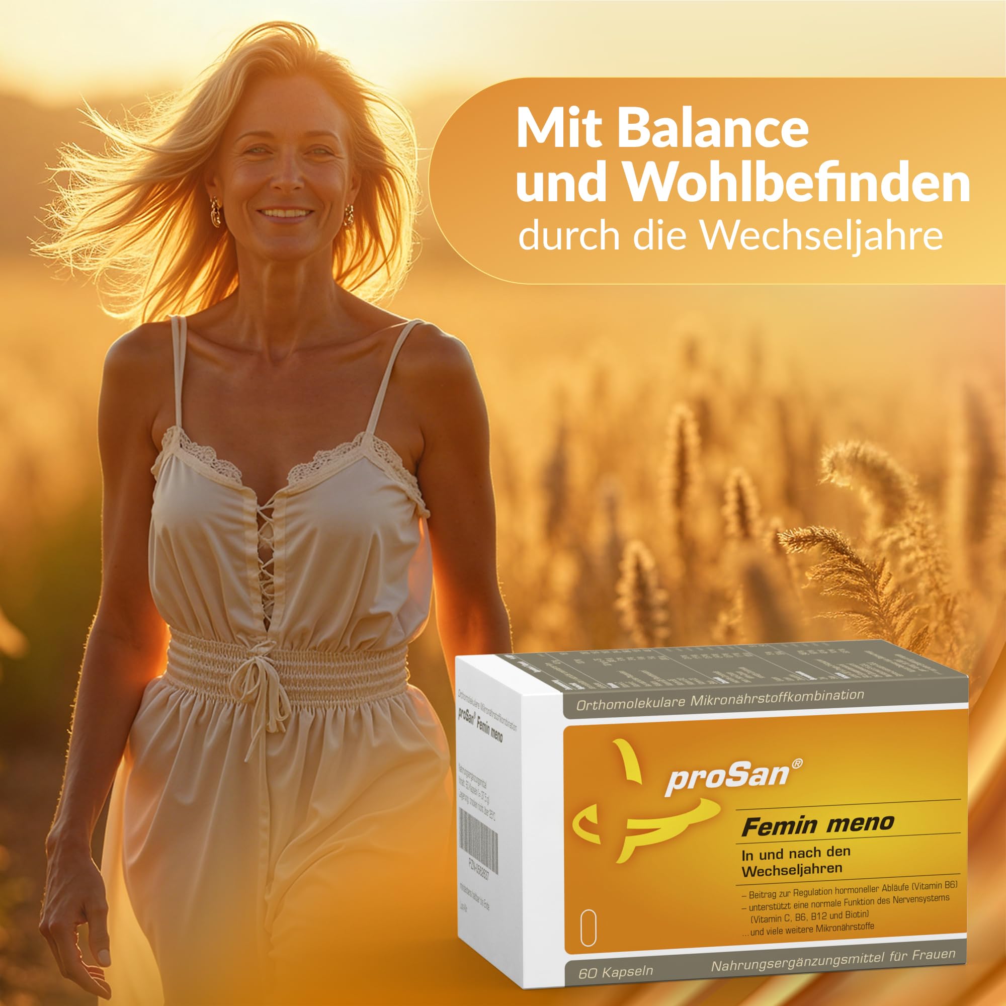 proSan Femin meno Wechseljahre Kapseln (Monatspackung: 60 Kapseln) | natürlich & pflanzlich, hormonfrei, Isoflavone & Vitamine, Omega 3-Fettsäuren & Nachtkerzenöl, Mineralien & Carotinoide