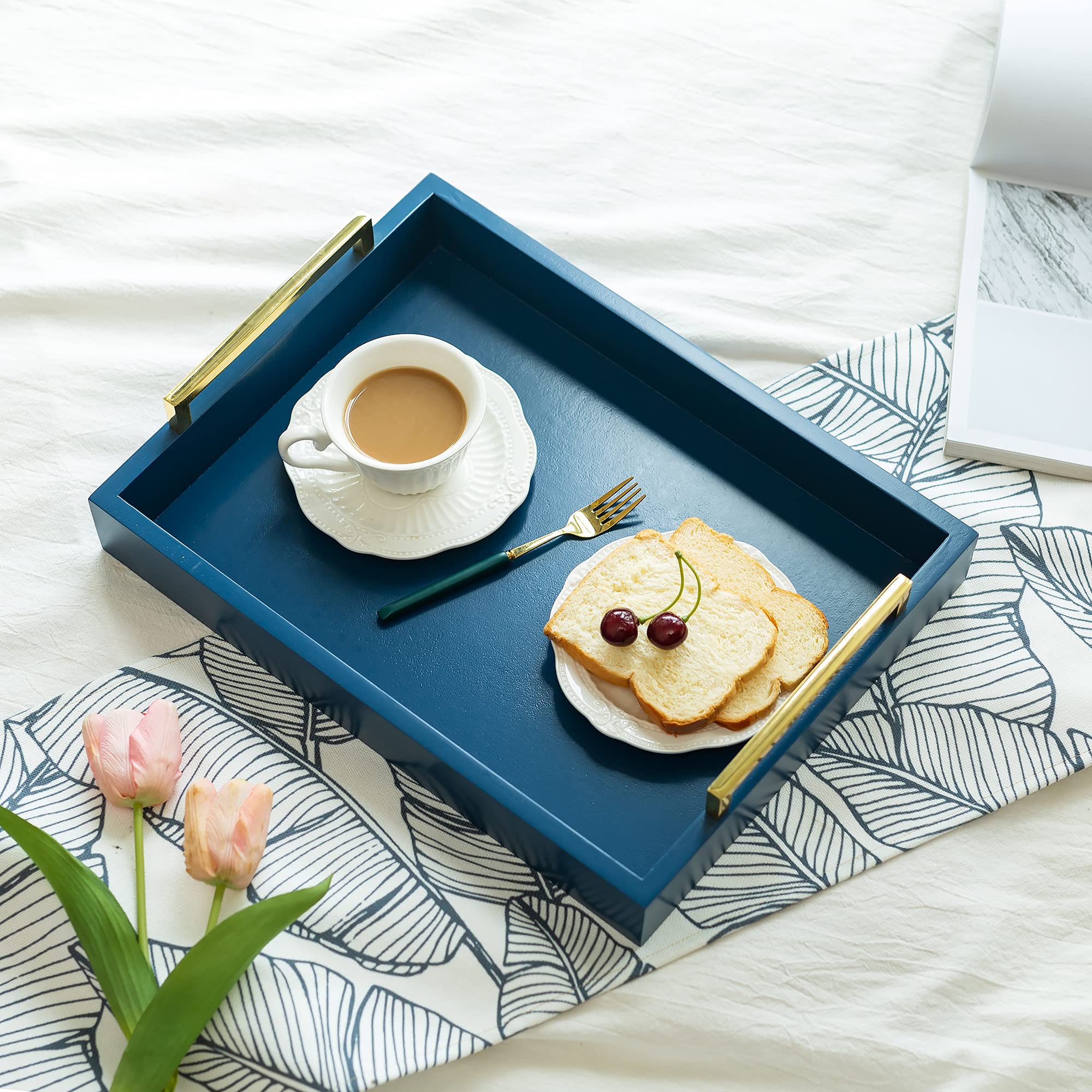 SwallowLiving Set Di 2 Vassoi Rettangolari In Legno Avorio Con Manici In Metallo Dorato, Rivestiti In Similpelle, Per Tavolino Da Caffè E Servizio - 3