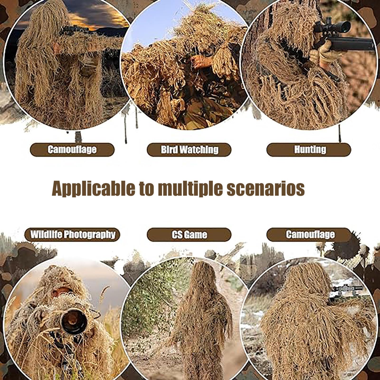 5-Teilige 3D Ghillie Suit Camouflage Jagdbekleidung Tarnanzug Herren Einschließlich Jacke,Hose,Kapuze,Tragetasche Jäger Kostüm für Paintball, Halloween-Kostüm,DryGrass-Adults