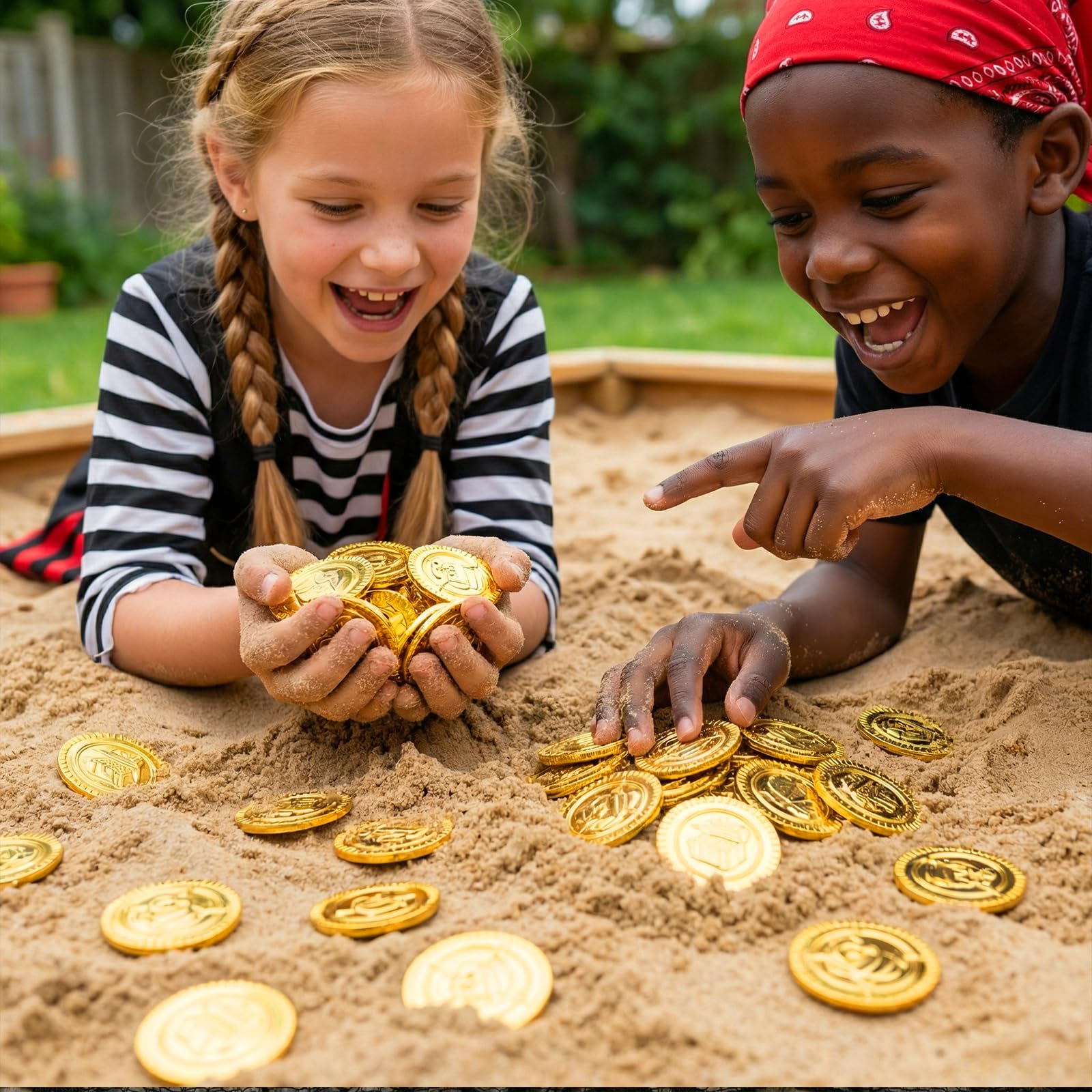 100 Piezas Piratas Monedas Juguete plástico Set | con Caja Transparente | Búsqueda del Tesoro Monedas de Oro, | Ideal para Decorar Fiestas de cumpleaños, sorteos de la Suerte, etc.