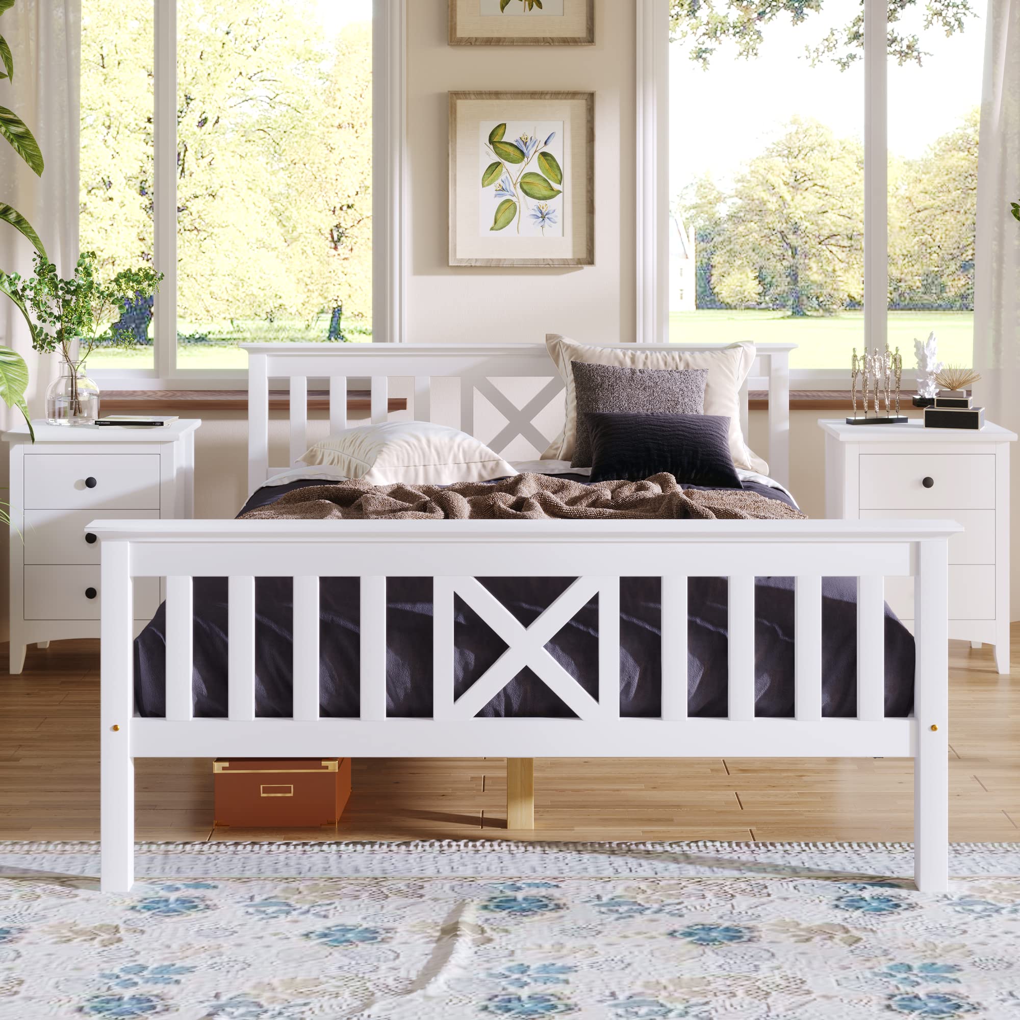 Shye Letto matrimoniale in legno massello con rete a doghe, letto in legno con testiera – Lettino per bambini in pino massiccio bianco (140 x 200 cm)