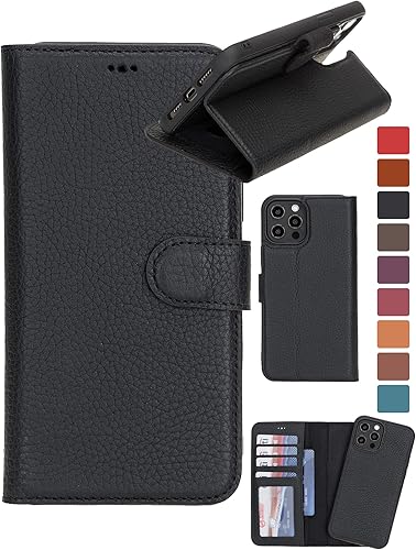 Miniatura 1 de Funda de piel auténtica hecha a mano compatible con iPhone XR, funda magnética fuerte desmontable con tarjetero, bordes horizontales (negro)