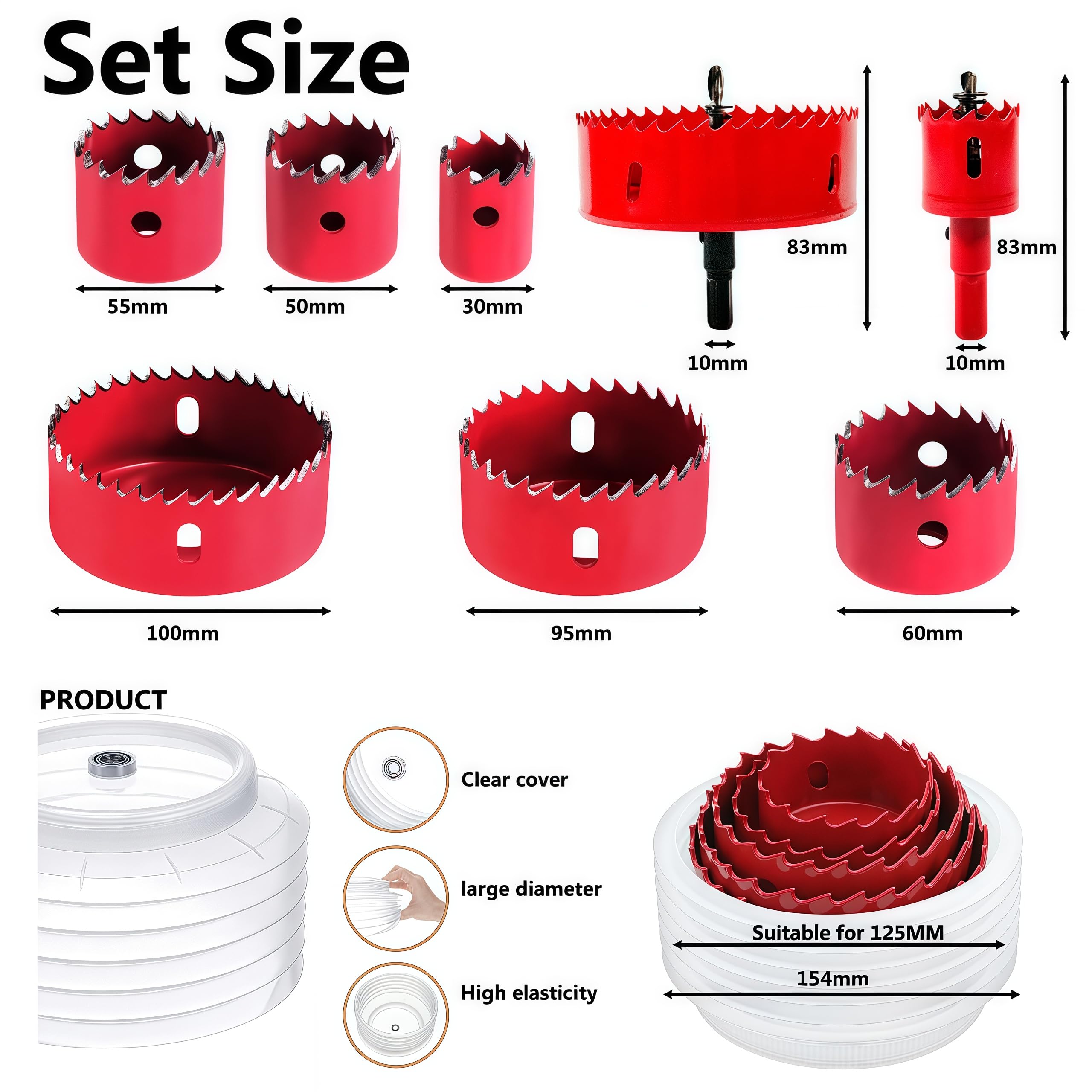 Hole Saw Sets, 30mm-100mm Holesaw Set including Dust Catcher & Hex Shank, 6-Piece M42 Bi-Metal Hole Cutter Set - Image 3
