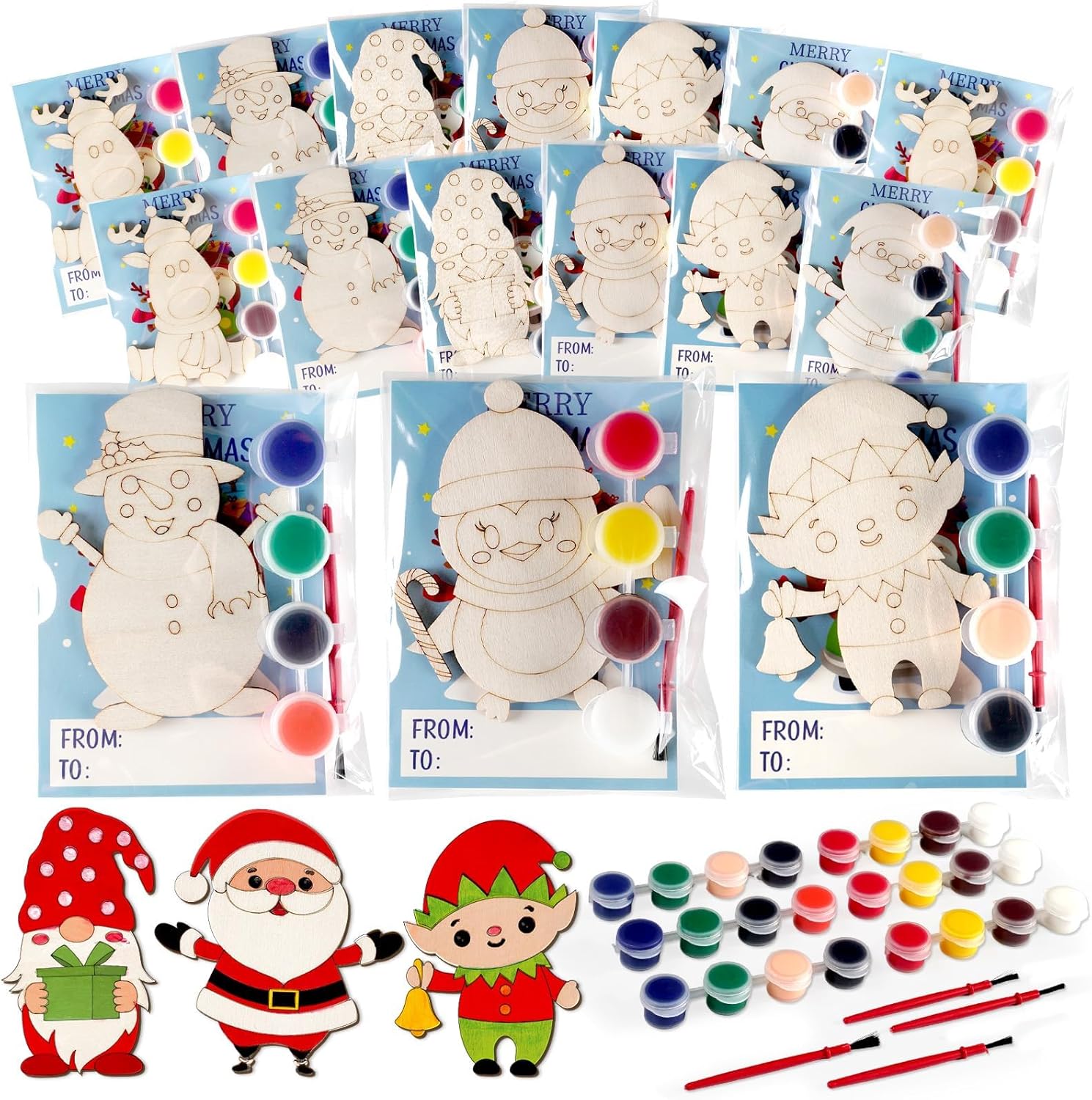24 Sets Christmas Crafts for Kids Santa Claus Snowman Elf Party Favors Reindeer Wooden Painting Craft Kits Christmas Party Activities for Kids Winter Craft Supplies Merry Xmas Cards Birthday Gift Bulk