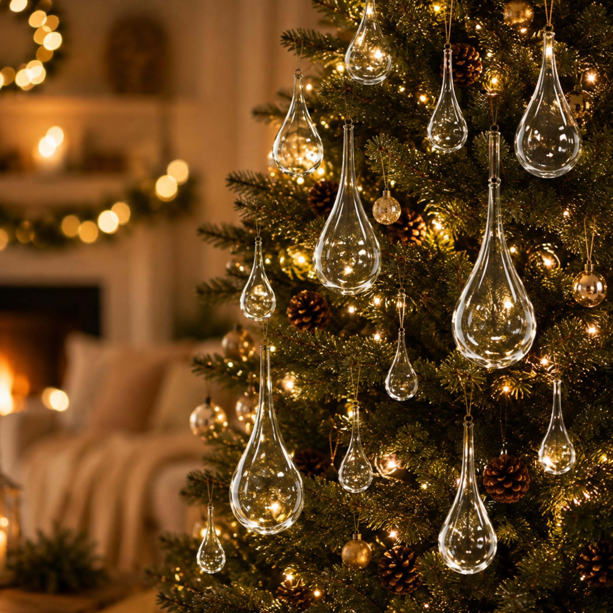 Seenelling Lot de 12 décorations en verre transparent en forme de goutte d'eau pour sapin de Noël, 3 tailles de chandelier en cristal de rechange, décoration d'intérieur à suspendre avec ficelle pour