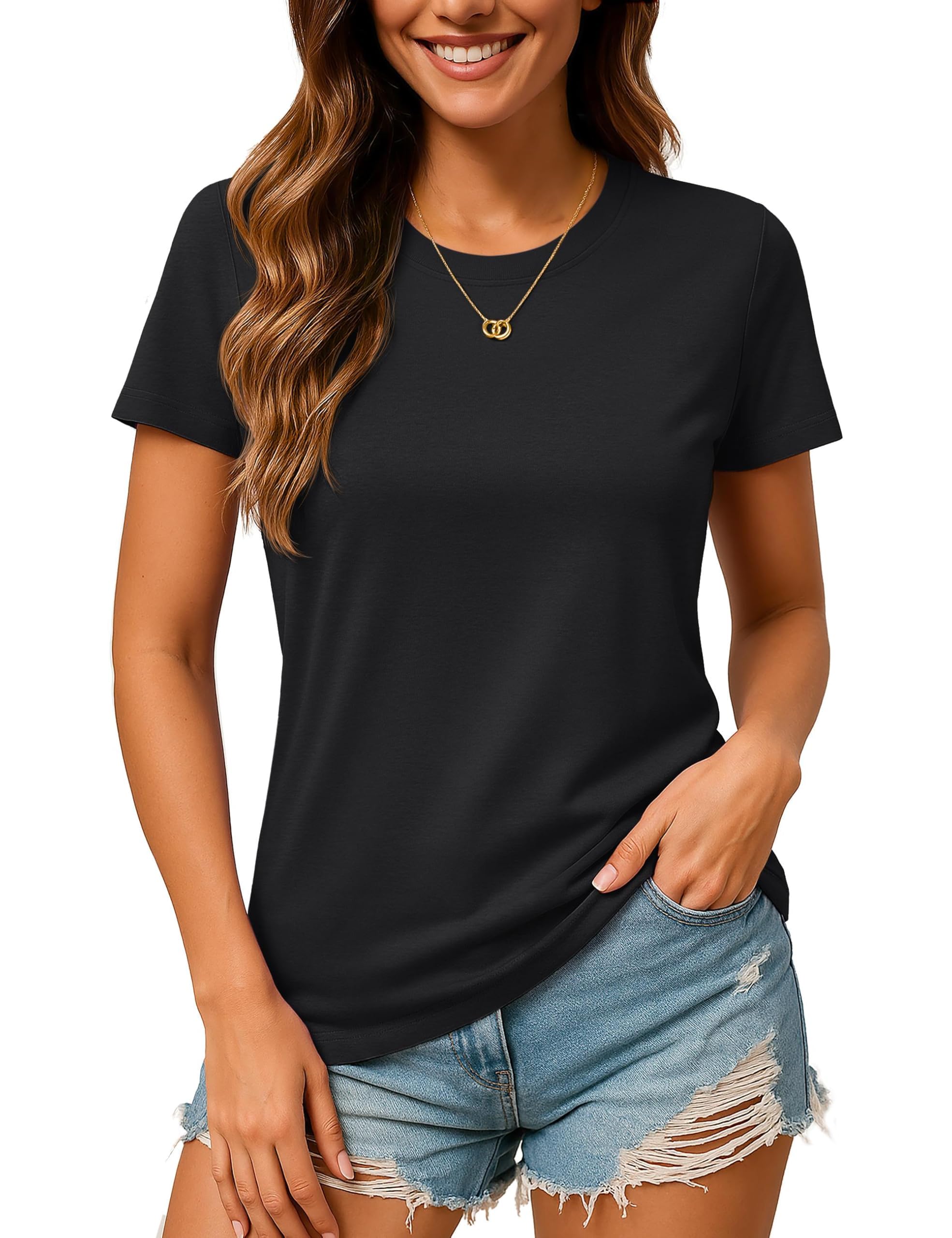 TACVASEN Damen T-Shirt Baumwolle Rundhals Sommer Tshirt Basic Oberteil Lässig Shirt Kurzarm Cotton Einfarbig Tops